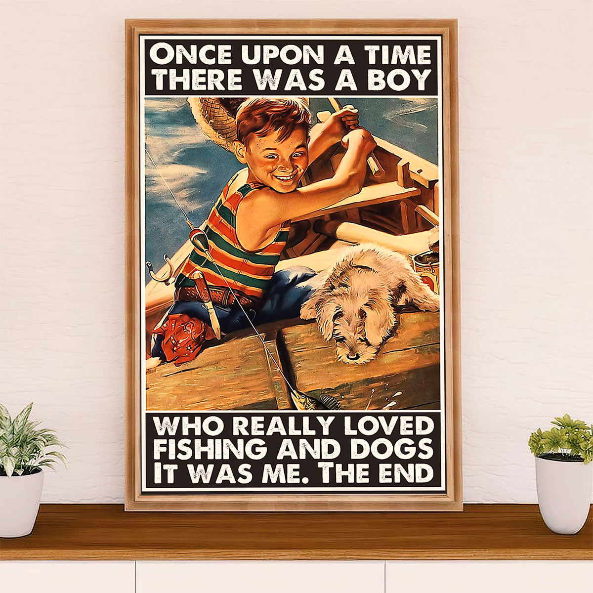 Fishing Poster Room Wall Art Prints | Boy Loves Fishing & Dogs | Vintage Gift for Fisherman