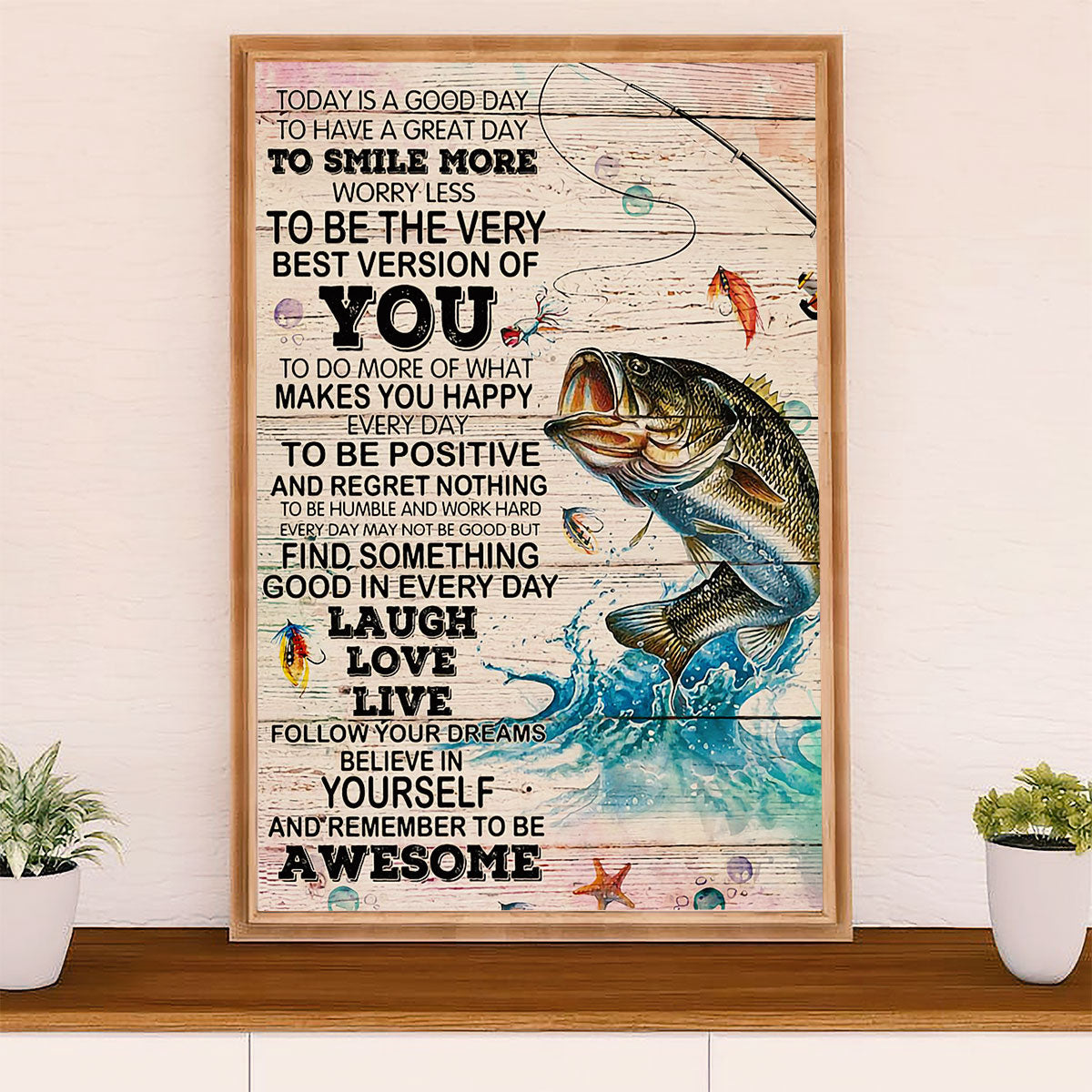 Fishing Poster Room Wall Art Prints | Laugh Love Live | Vintage Gift for Fisherman