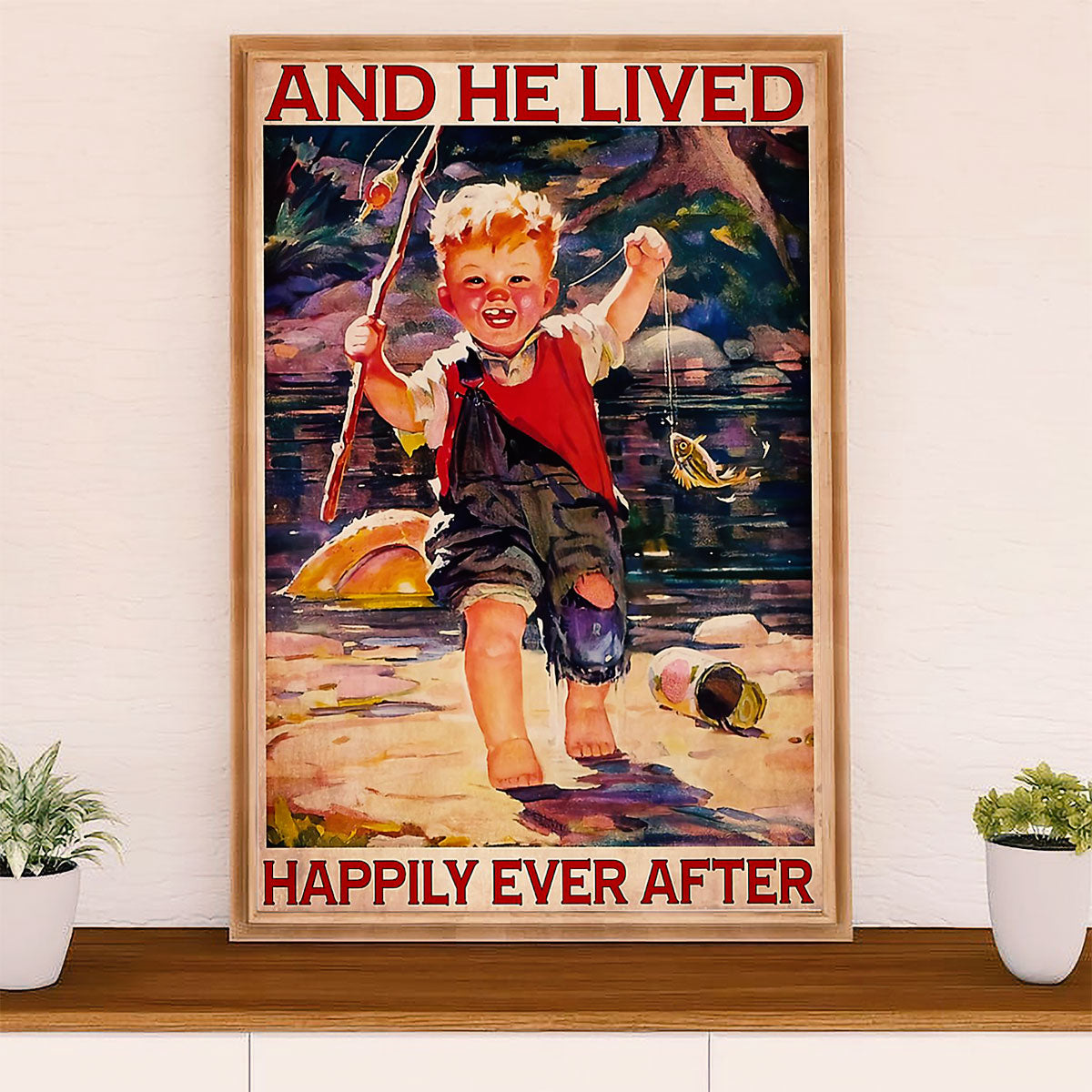 Fishing Poster Room Wall Art Prints | He Lived Happily | Vintage Gift for Fisherman
