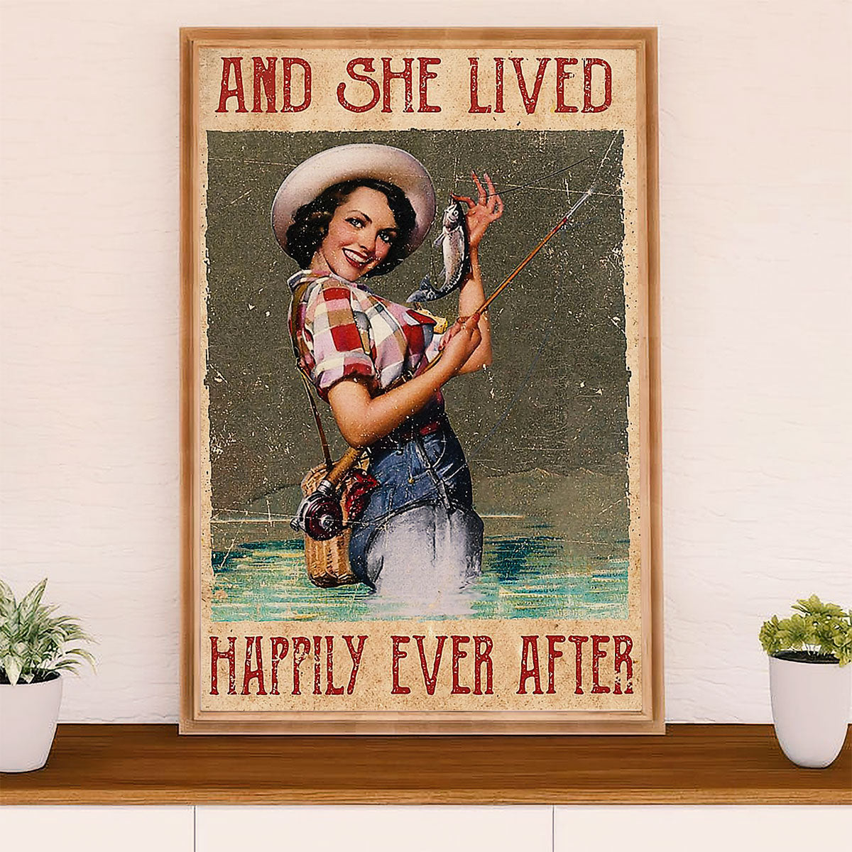 Fishing Poster Room Wall Art Prints | She Lived Happily | Vintage Gift for Fisherman