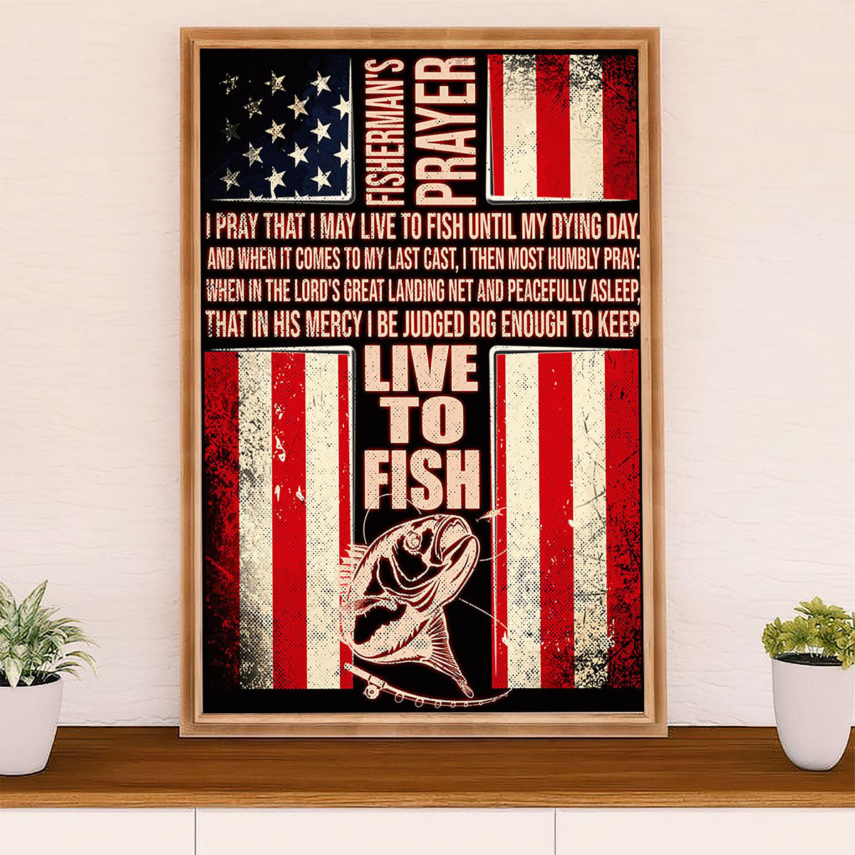 Fishing Poster Room Wall Art Prints | American Flag Fisherman's Prayer | Vintage Gift for Fisherman