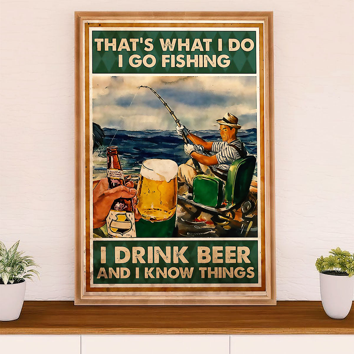 Fishing Poster Room Wall Art Prints | Go Fishing Drink Beer | Vintage Gift for Fisherman