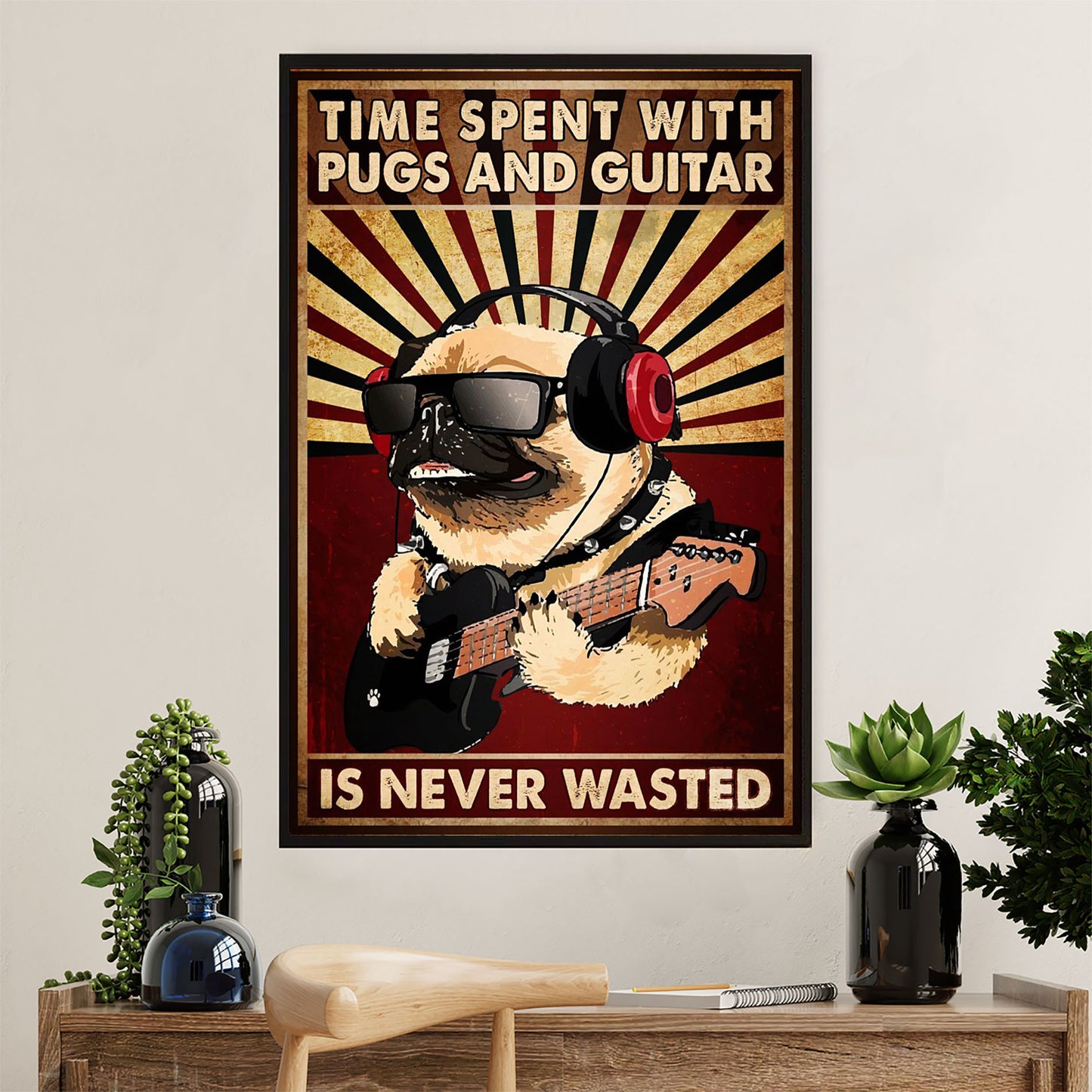 Music Guitar Canvas Wall Art Prints | Time Spent with Pugs & Guitar | Home Décor Gift for Guitarist