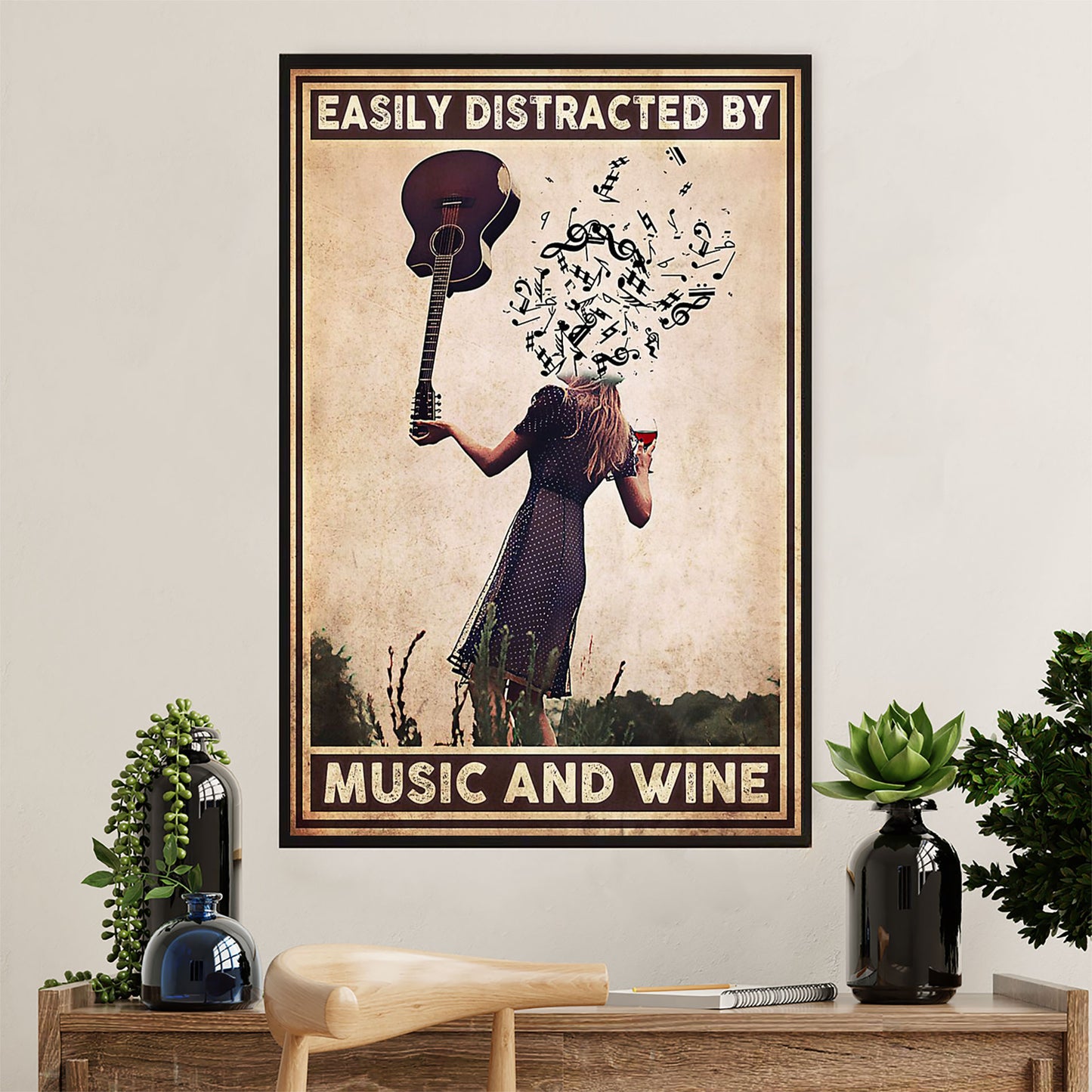 Music Guitar Poster Prints | Girl Distracted By Music & Wine | Wall Art Gift for Guitarist