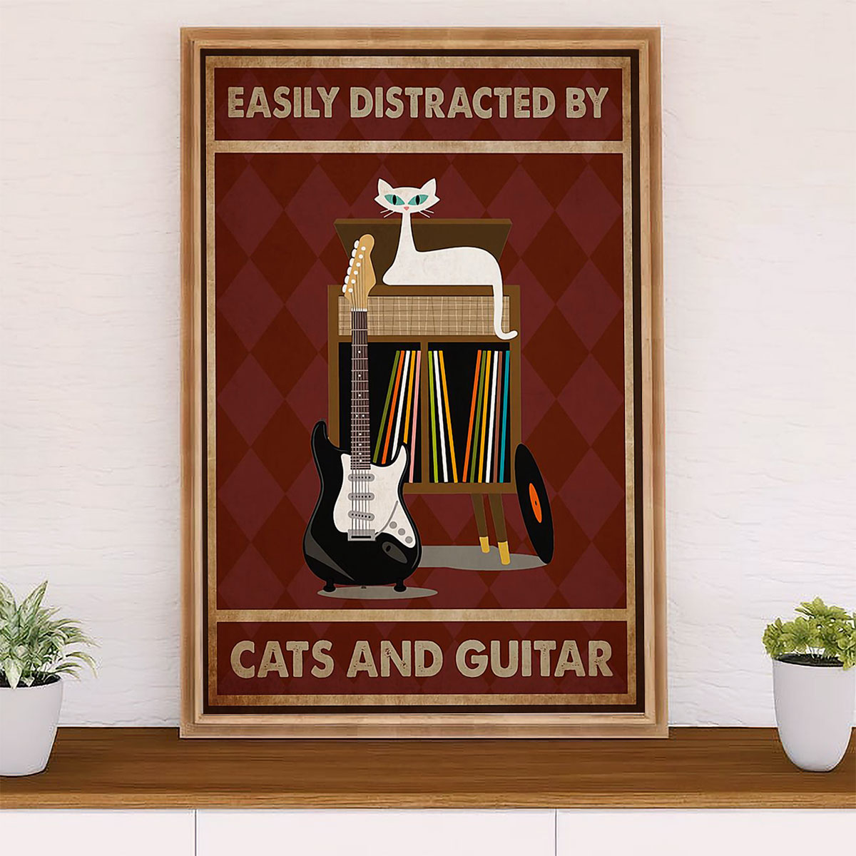 Music Guitar Poster Prints | Distracted by Cats & Guitar | Wall Art Gift for Guitarist