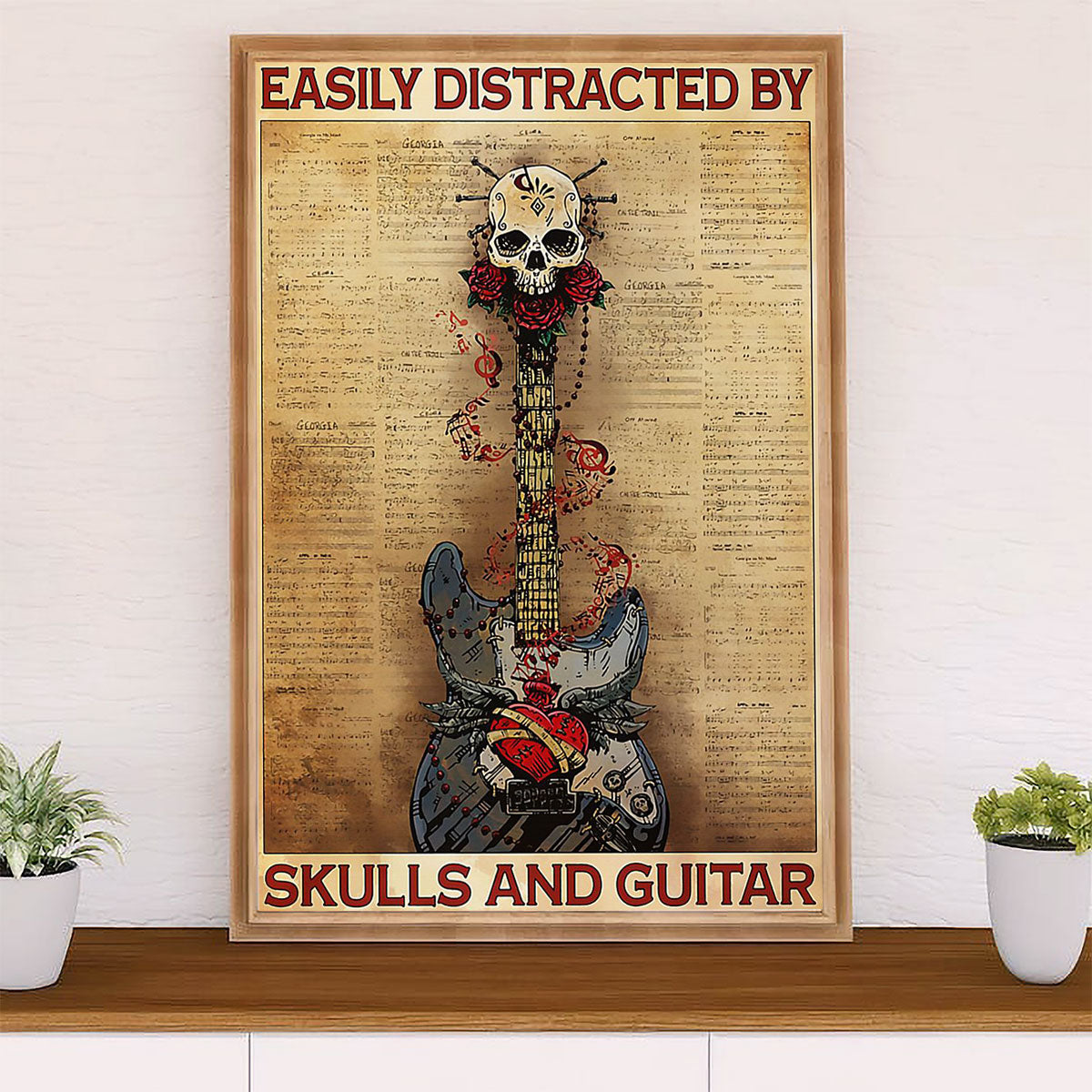Music Guitar Poster Prints | Distracted by Skulls & Guitar | Wall Art Gift for Guitarist