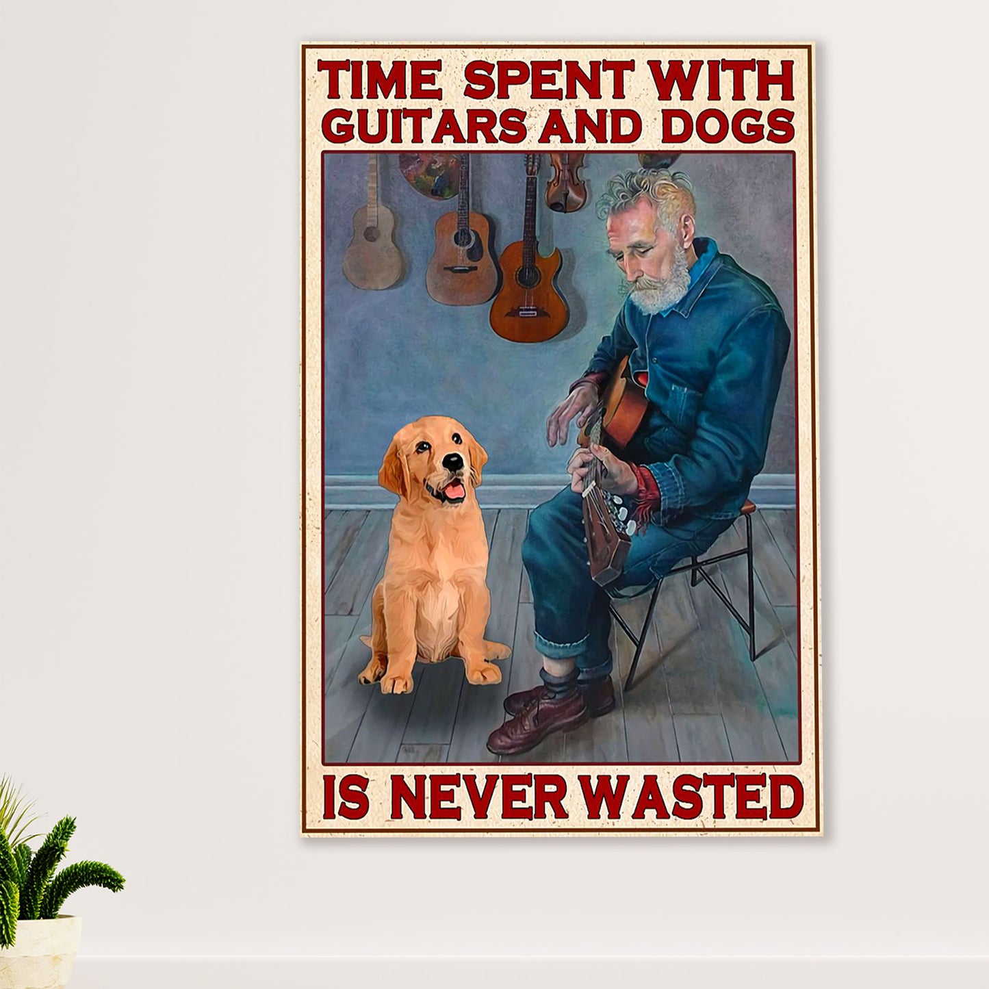 Music Guitar Poster Prints | Time Spent With Guitar, Books & Wine | Wall Art Gift for Guitarist