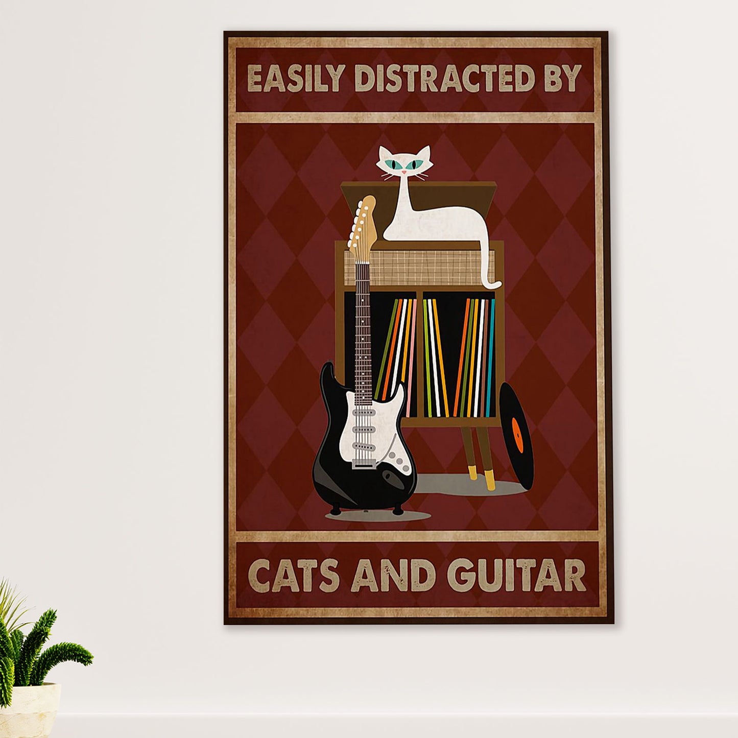 Music Guitar Poster Prints | Distracted by Cats & Guitar | Wall Art Gift for Guitarist