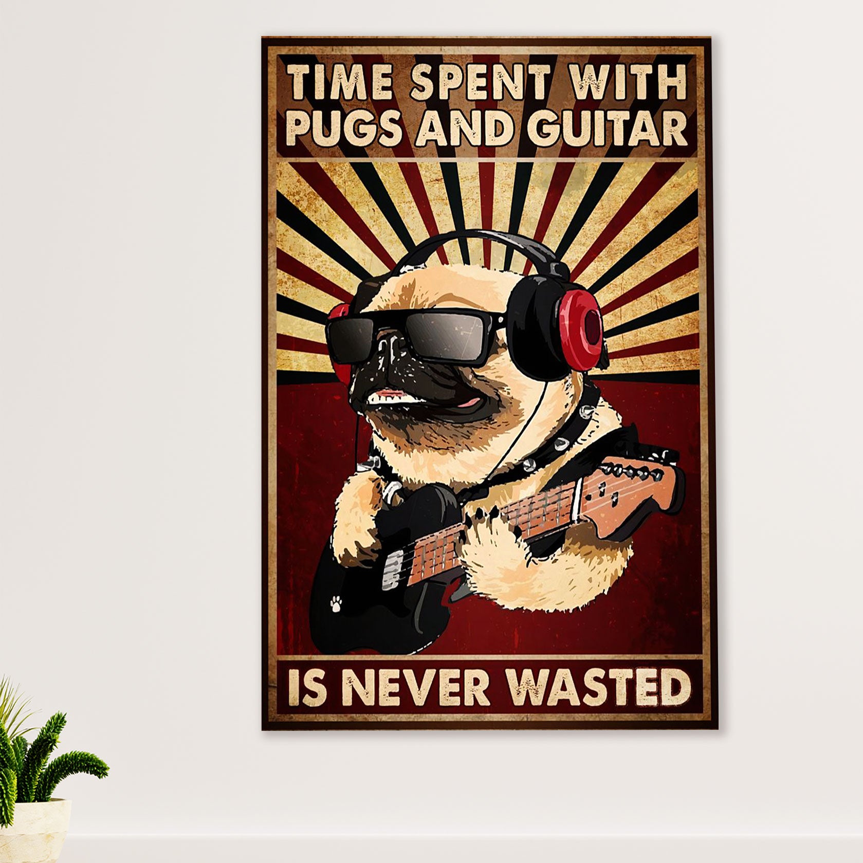 Music Guitar Canvas Wall Art Prints | Time Spent with Pugs & Guitar | Home Décor Gift for Guitarist