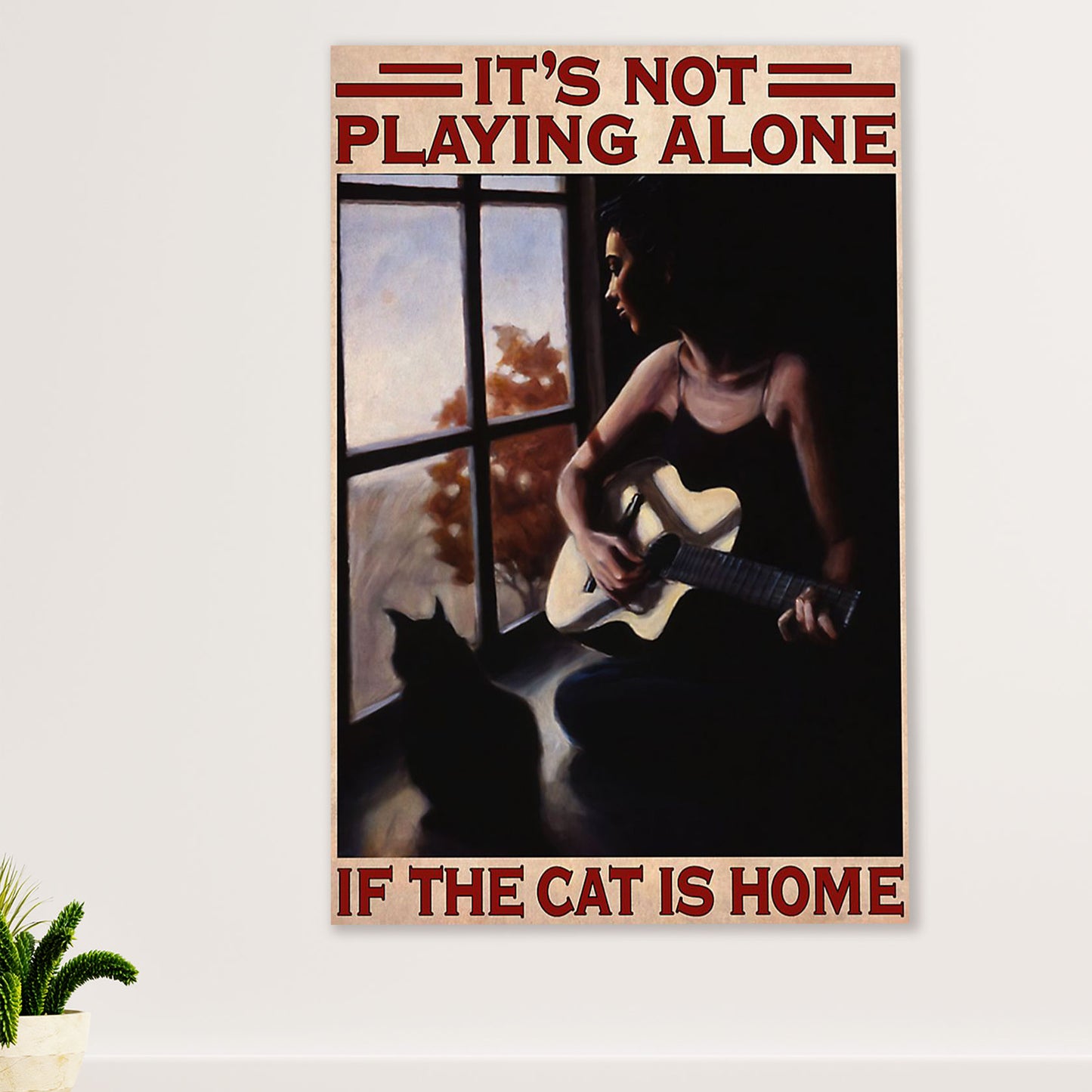 Music Guitar Poster Prints | Girl & Cat Playing Guitar | Wall Art Gift for Guitarist