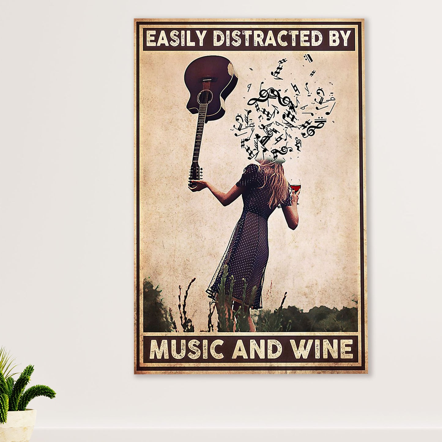 Music Guitar Poster Prints | Girl Distracted By Music & Wine | Wall Art Gift for Guitarist