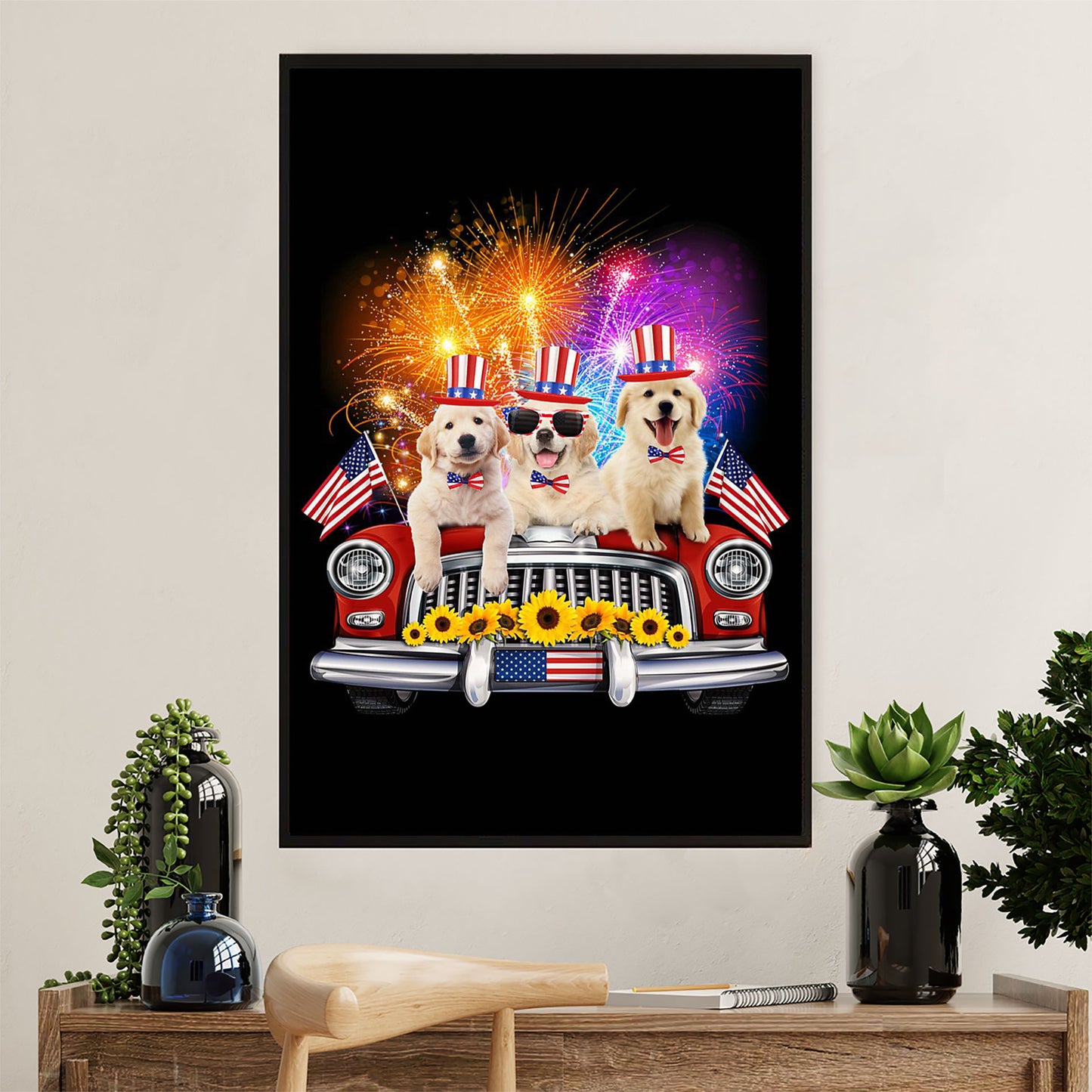 Golden Retriever Canvas Wall Art | Dog Independence Day | Home Décor Gift for Dog Puppies Lover
