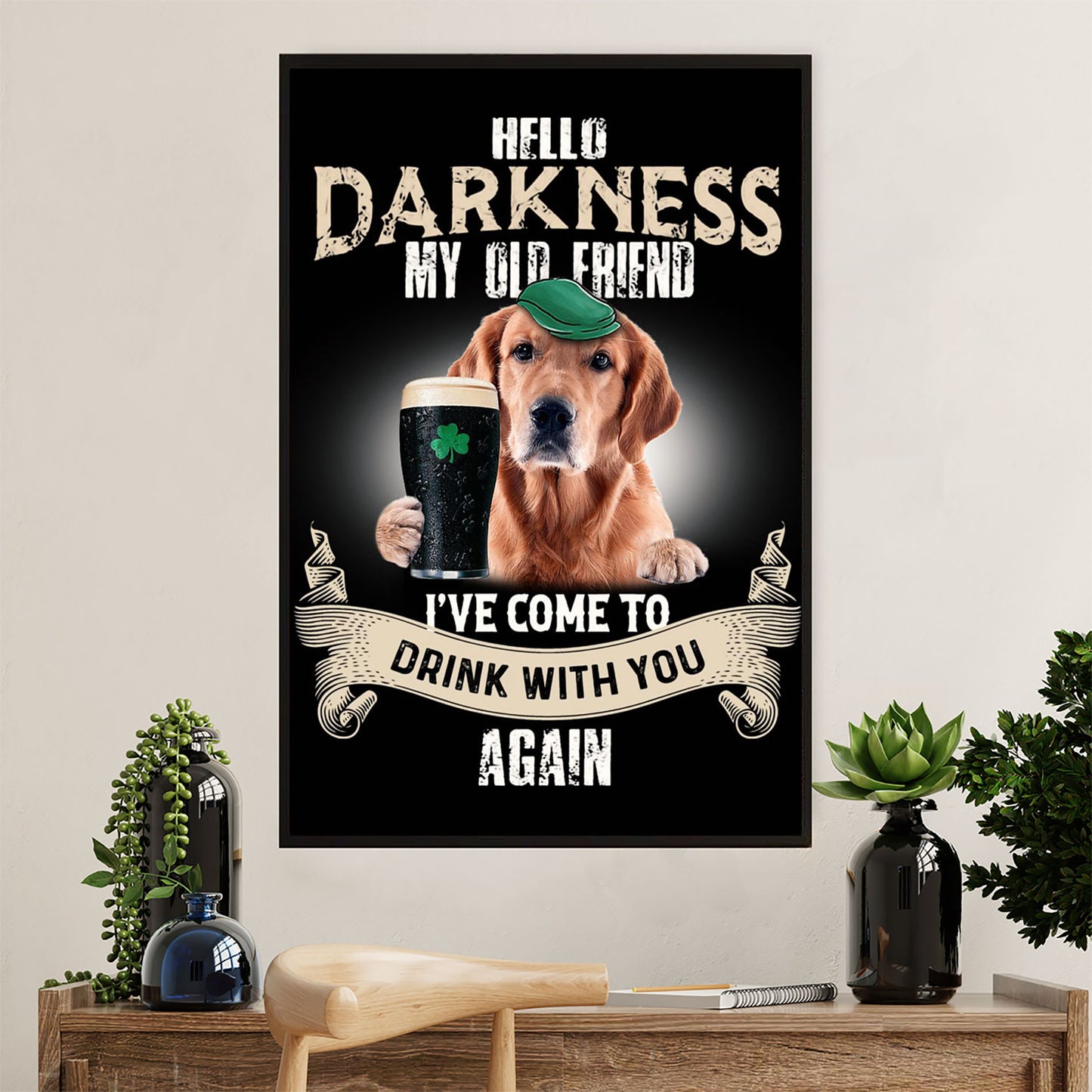 Golden Retriever Canvas Wall Art | Hello Darkness My Old Friend | Home Décor Gift for Dog Puppies Lover