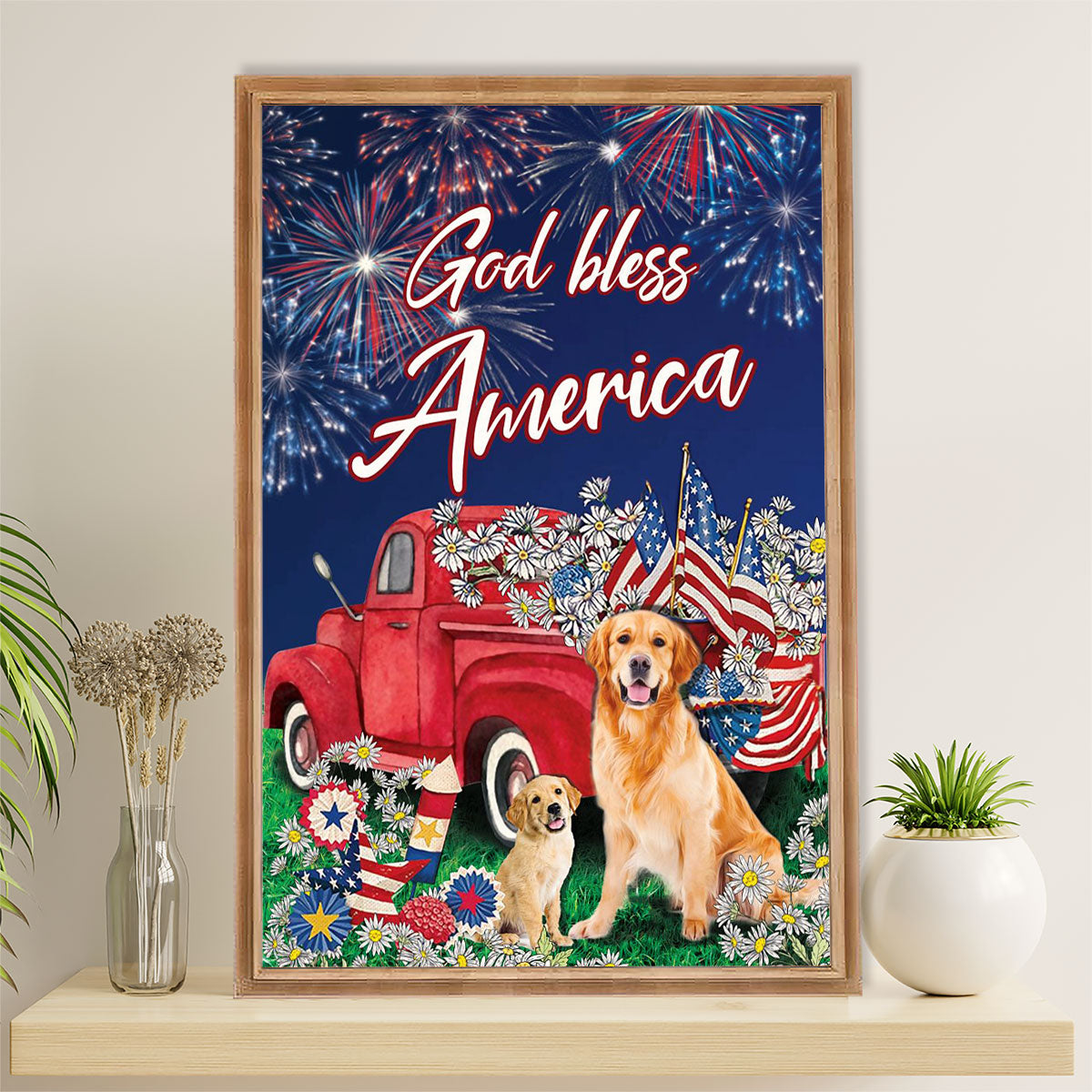 Golden Retriever Poster | God Bless America | Wall Art Gift for Dog Puppies Lover