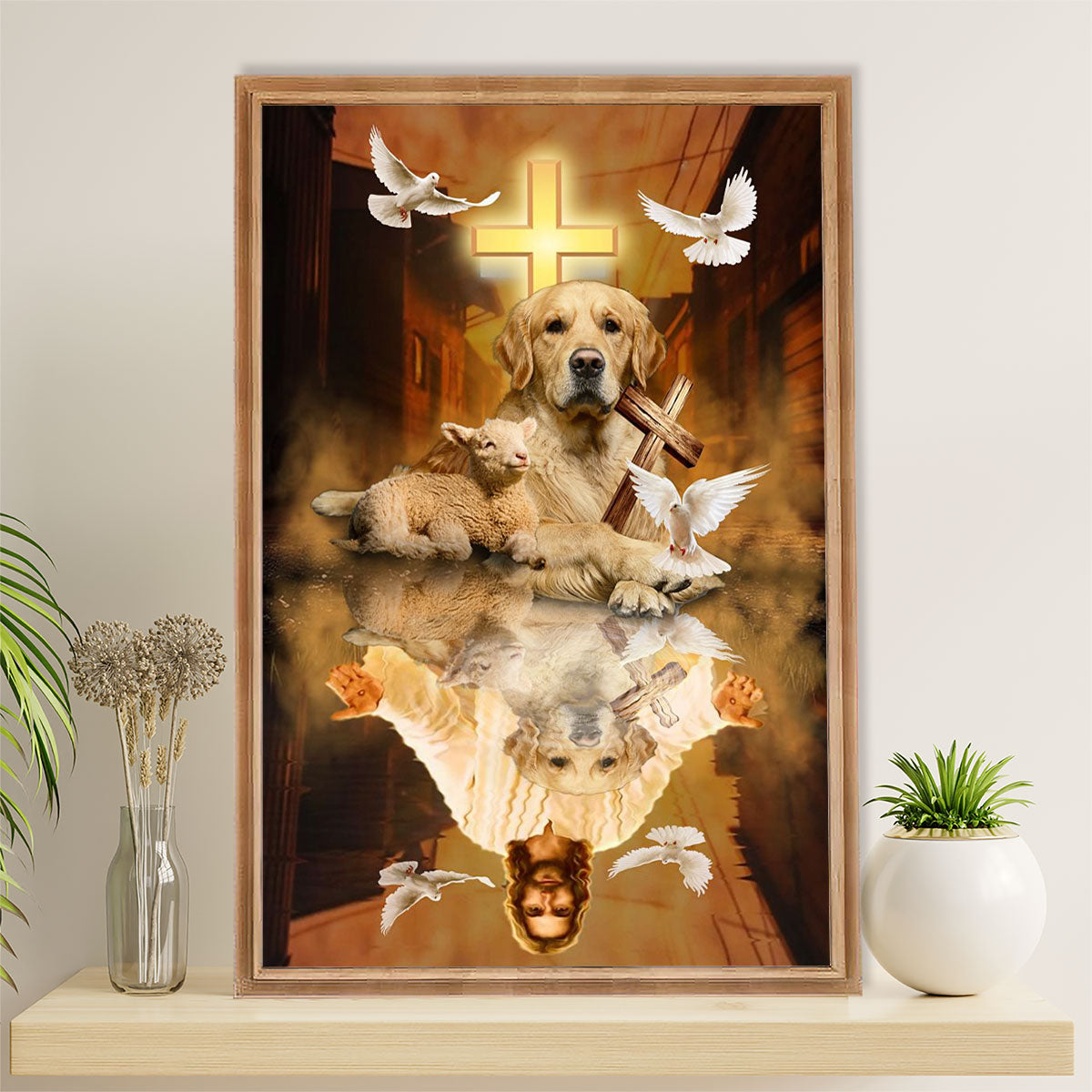 Golden Retriever Canvas Wall Art | Dog Reflection Jesus | Home Décor Gift for Dog Puppies Lover