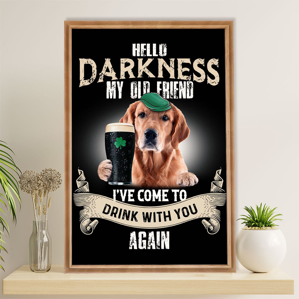Golden Retriever Canvas Wall Art | Hello Darkness My Old Friend | Home Décor Gift for Dog Puppies Lover
