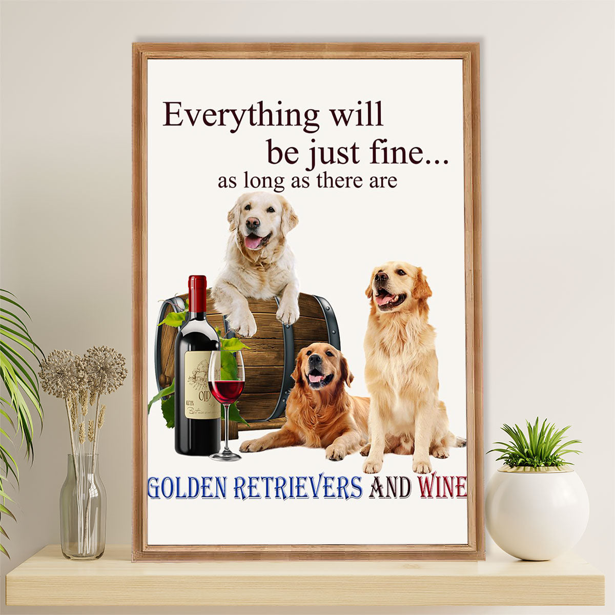 Golden Retriever Canvas Wall Art | Loves Dogs & Wine | Home Décor Gift for Dog Puppies Lover