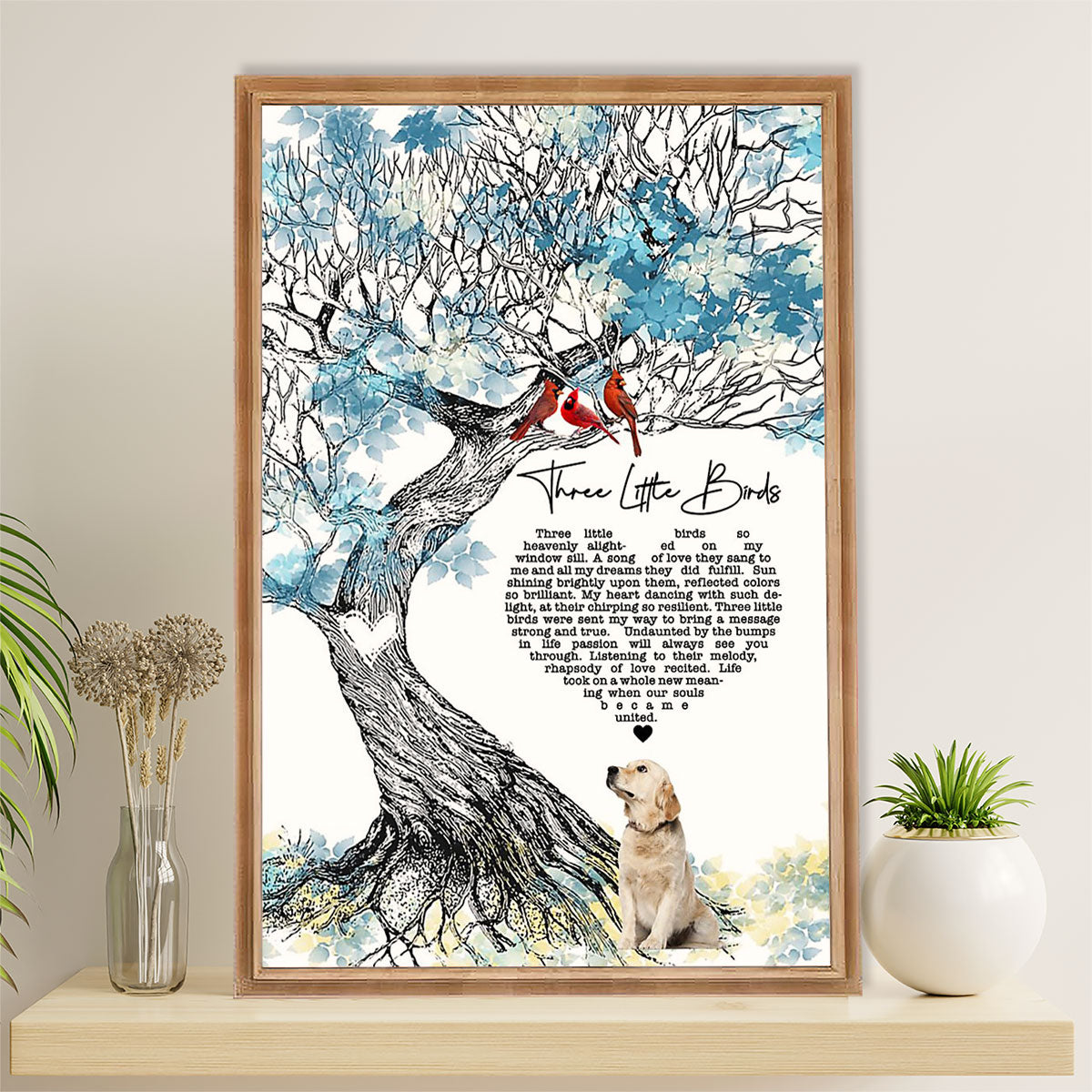 Golden Retriever Canvas Wall Art | Three Cardinals & Dog | Home Décor Gift for Dog Puppies Lover