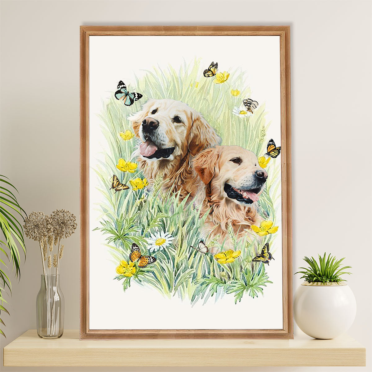 Golden Retriever Canvas Wall Art | Dog & Butterflies | Home Décor Gift for Dog Puppies Lover