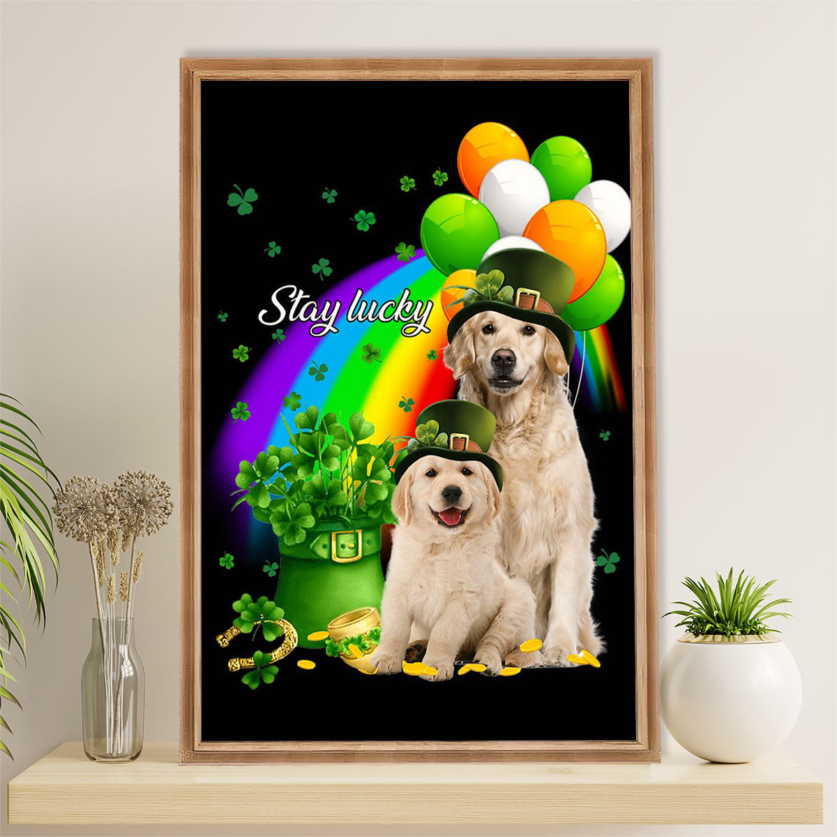 Golden Retriever Canvas Wall Art | St Patrick's Day Stay Lucky | Home Décor Gift for Dog Puppies Lover
