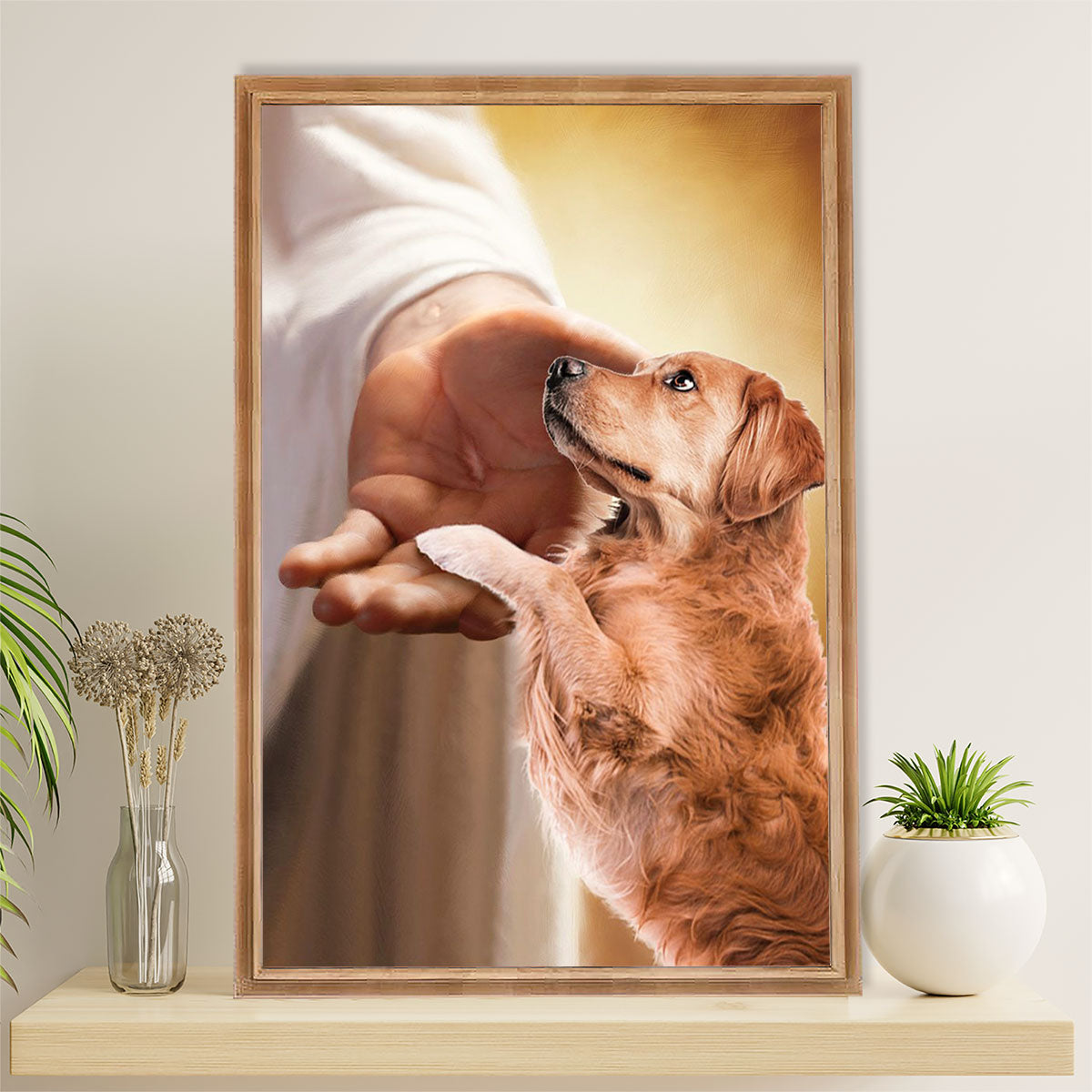 Golden Retriever Canvas Wall Art | Jesus Christ Gives Hand | Home Décor Gift for Dog Puppies Lover
