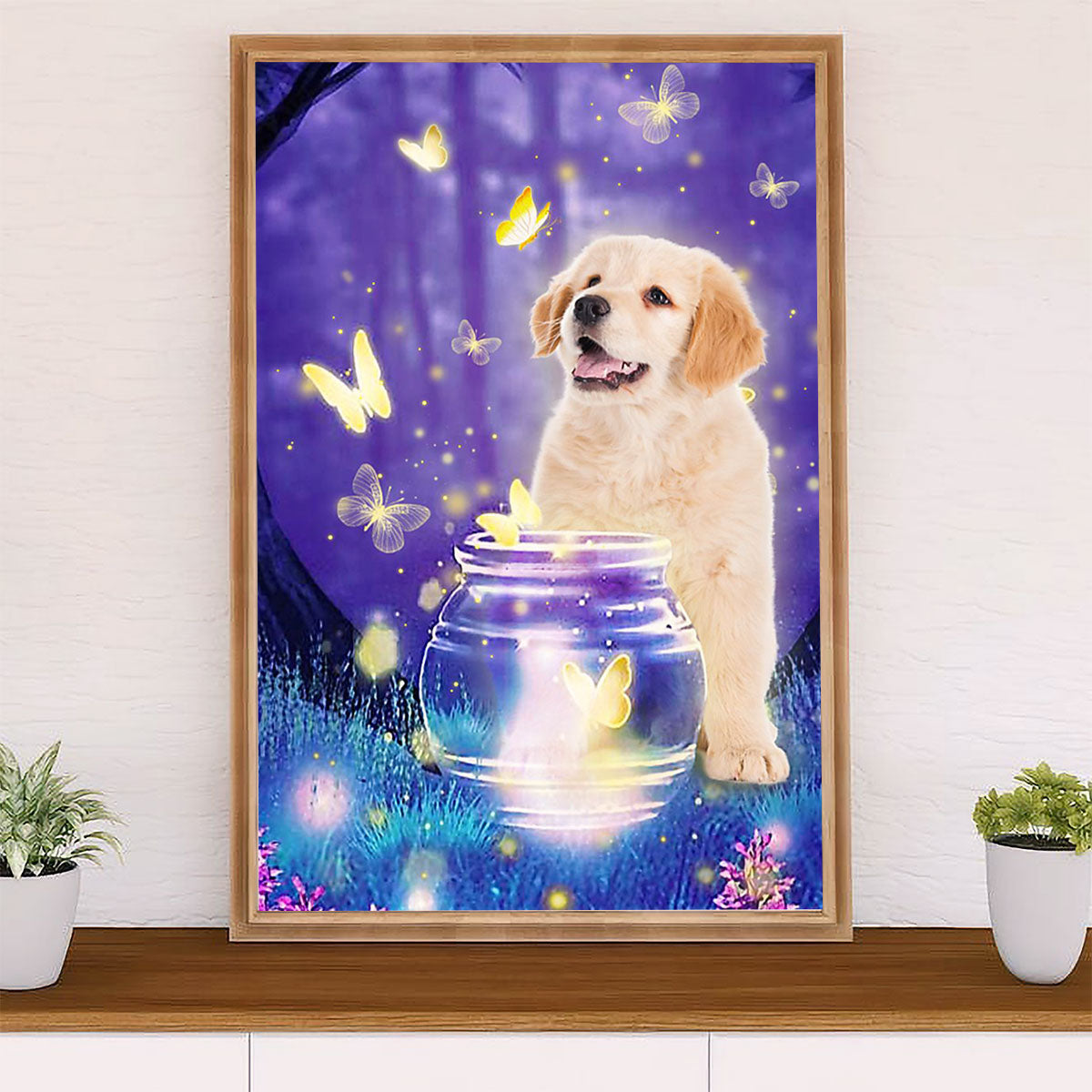 Golden Retriever Poster | Puppies Dog Butterfly | Wall Art Gift for Dog Puppies Lover