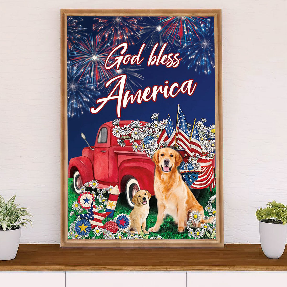 Golden Retriever Poster | God Bless America | Wall Art Gift for Dog Puppies Lover