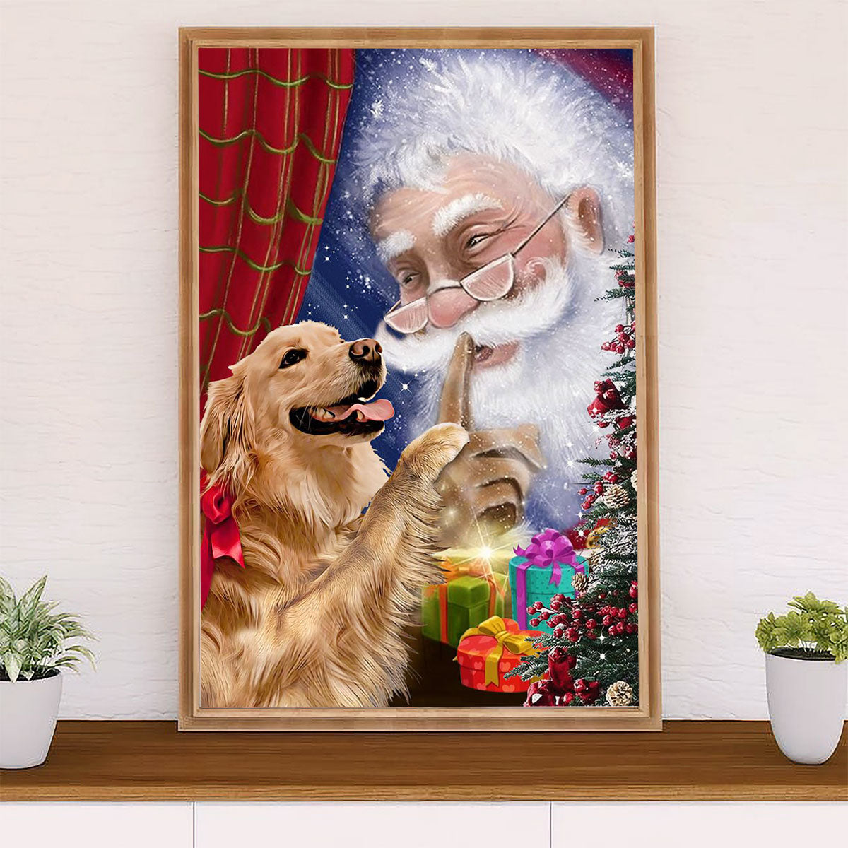 Golden Retriever Canvas Wall Art | Santa Claus Christmas | Home Décor Gift for Dog Puppies Lover