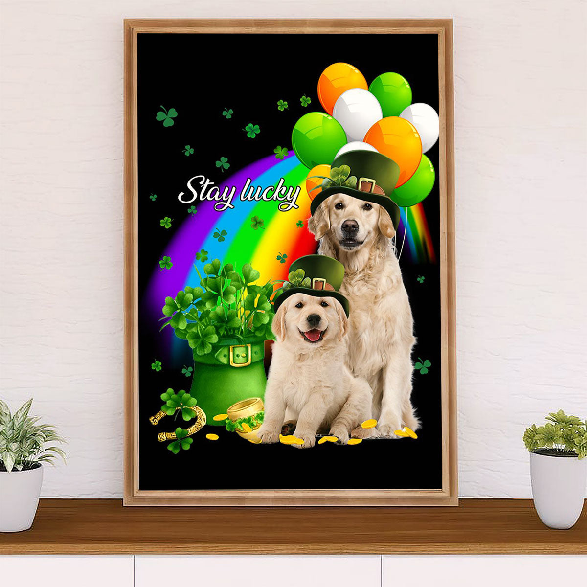 Golden Retriever Canvas Wall Art | St Patrick's Day Stay Lucky | Home Décor Gift for Dog Puppies Lover