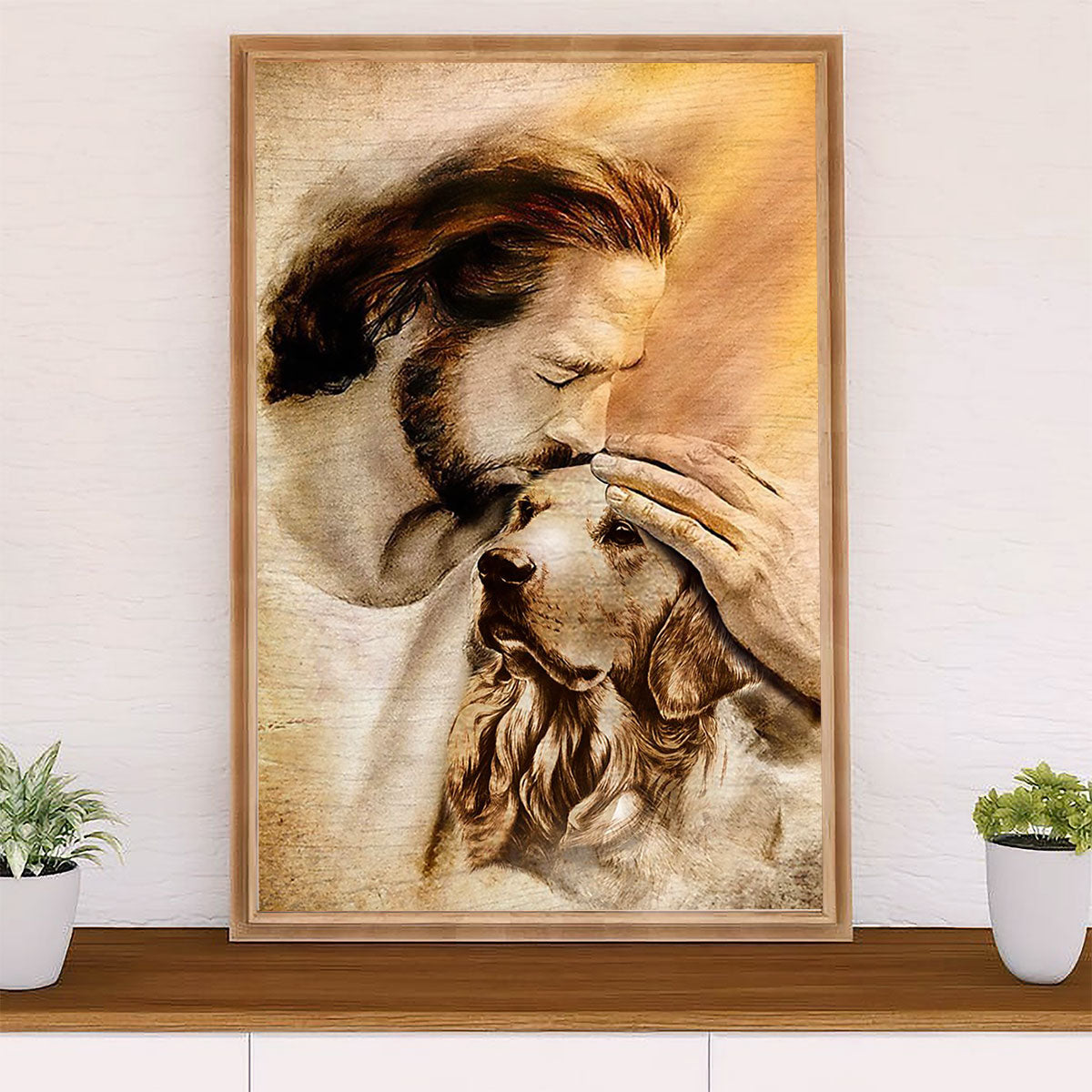 Golden Retriever Canvas Wall Art | Jesus Chrisit & Dog | Home Décor Gift for Dog Puppies Lover