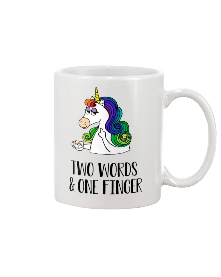 Funny Coffee Mug | Unicorn Two Words & One Finger | Funny Badass Quotes Drinkware Gift