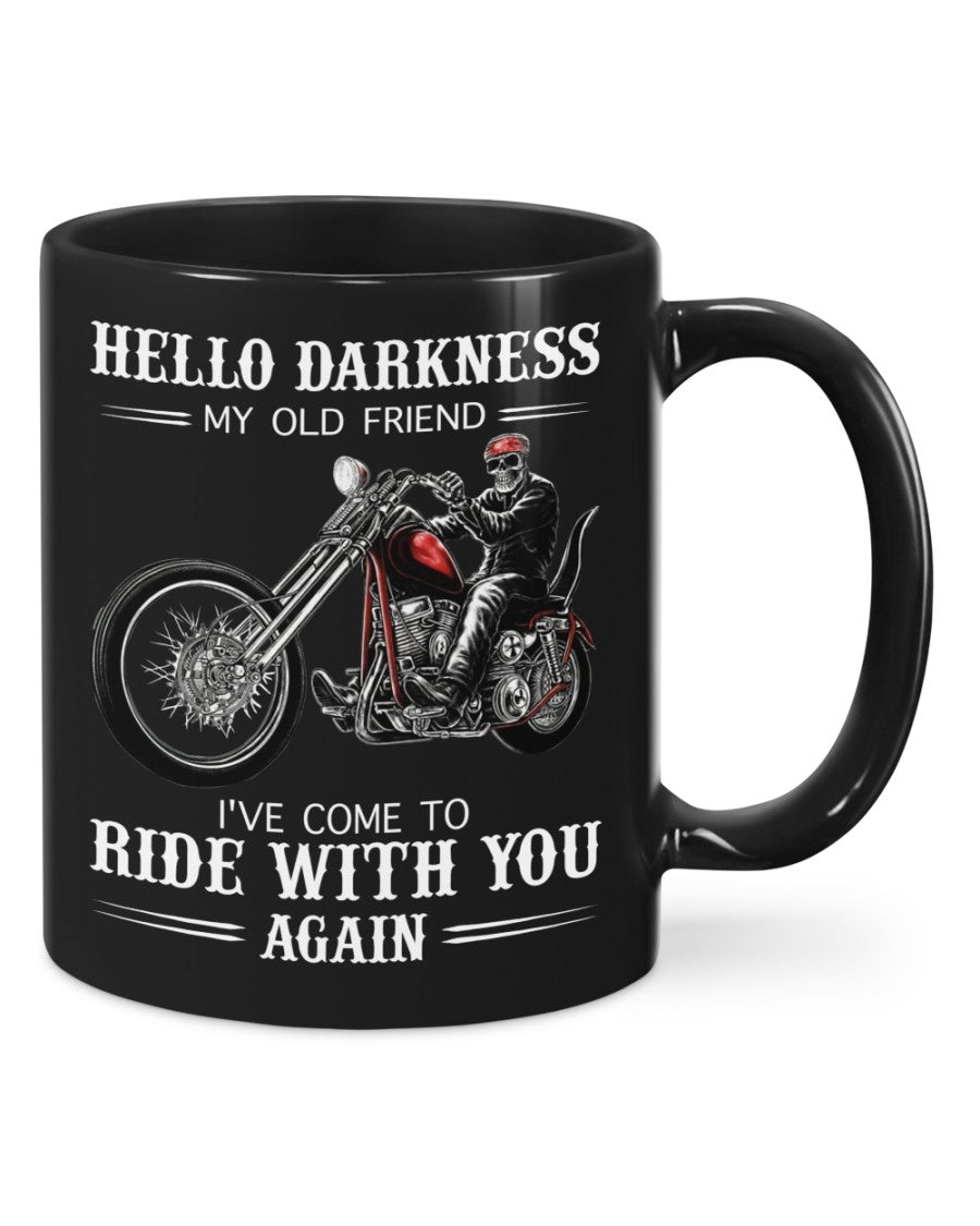 Motorcycle Coffee Mug | Hello Darkness My Old Friend | Drinkware Gift for Men Women Biker, Motorcyclist