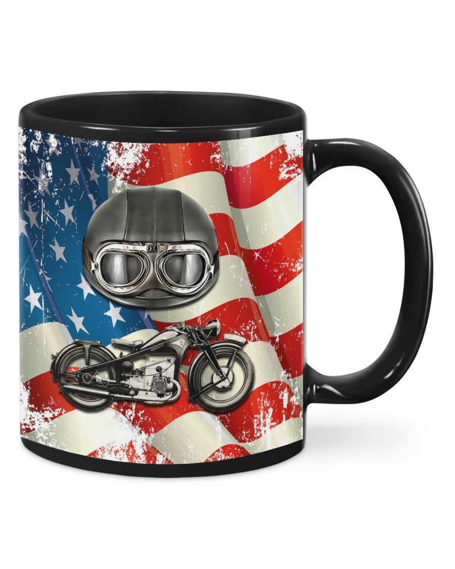 Motorcycle Coffee Mug | American Flag Biker Helmet | Drinkware Gift for Men Women Biker, Motorcyclist