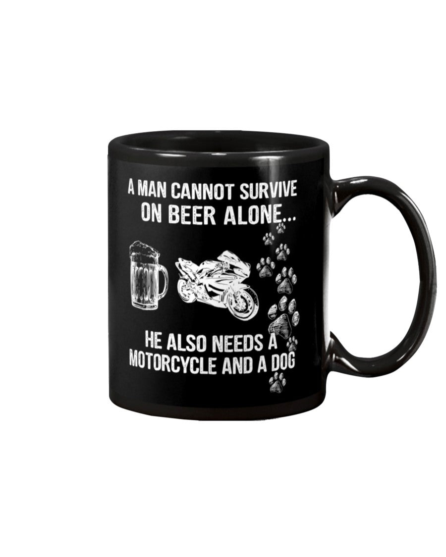 Motorcycle Coffee Mug | Man Cannot Survive On Beer Alone | Drinkware Gift for Men Women Biker, Motorcyclist