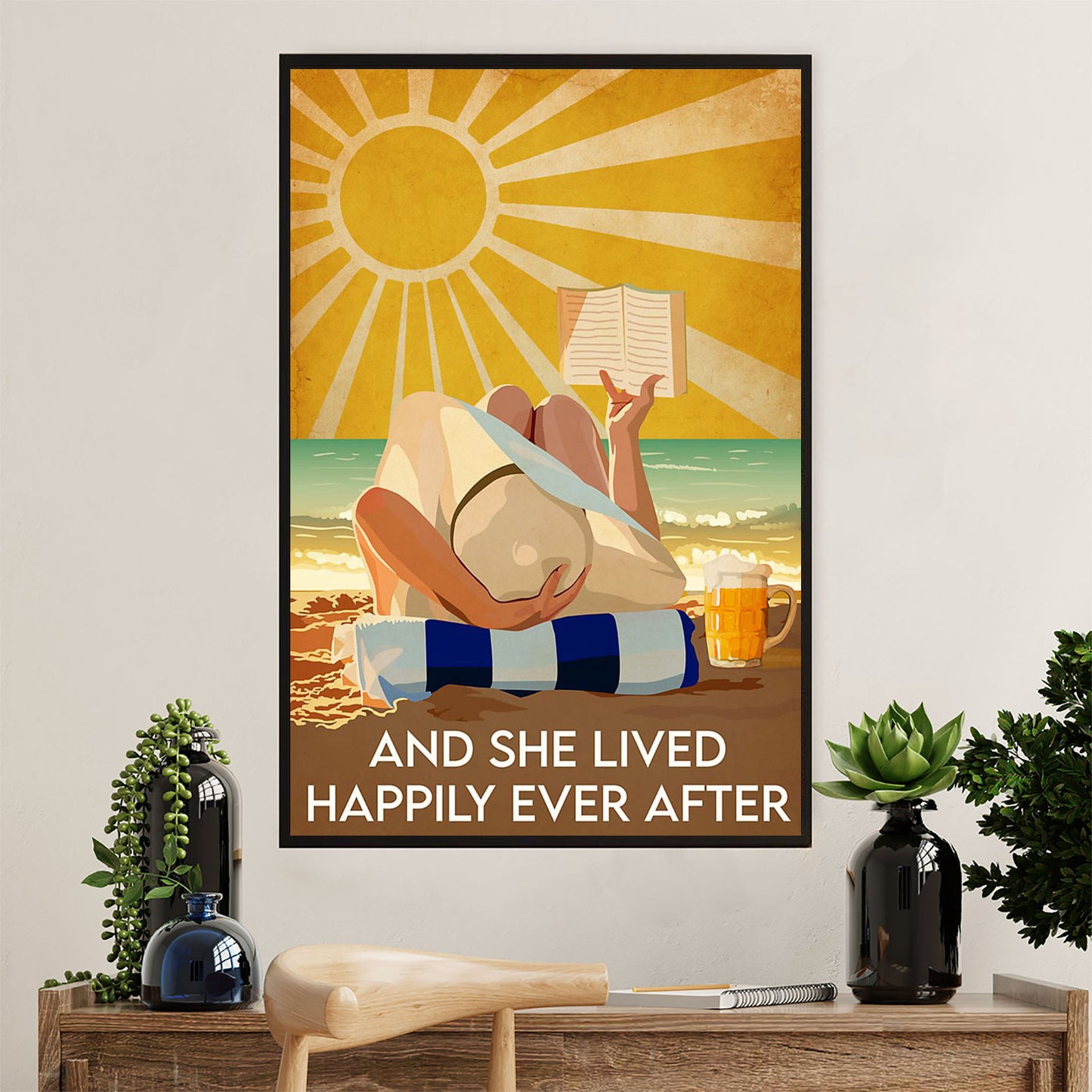 Summer Beach Ocean Poster | Girl Reading Book & Drink Beer | Wall Art Gift for Sand Sea Ocean Lover