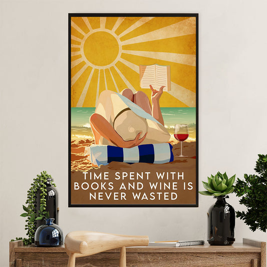 Summer Beach Ocean Poster | Girl Reading Book & Drink Wine | Wall Art Gift for Sand Sea Ocean Lover