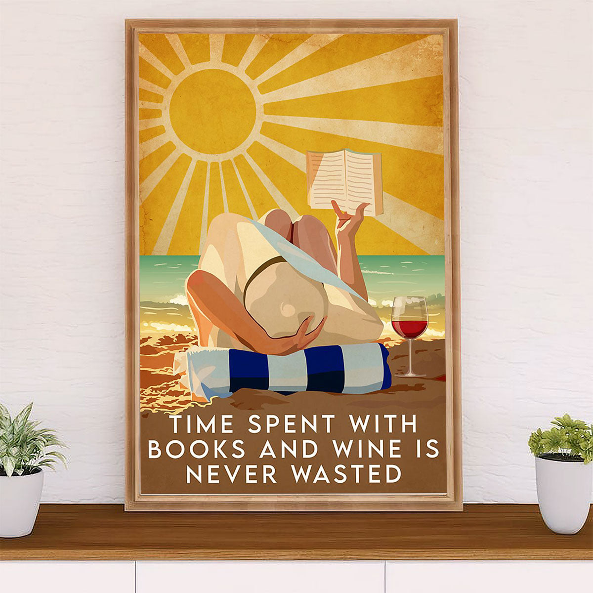 Summer Beach Ocean Poster | Girl Reading Book & Drink Wine | Wall Art Gift for Sand Sea Ocean Lover