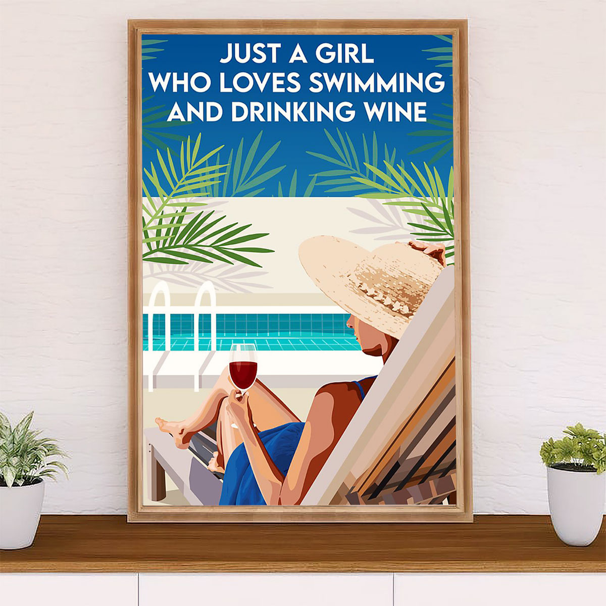 Summer Beach Ocean Poster | Girl Loves Swimming & Wine | Wall Art Gift for Sand Sea Ocean Lover