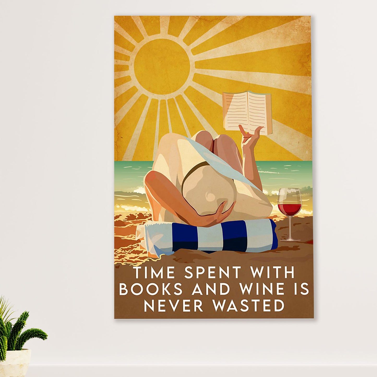 Summer Beach Ocean Poster | Girl Reading Book & Drink Wine | Wall Art Gift for Sand Sea Ocean Lover