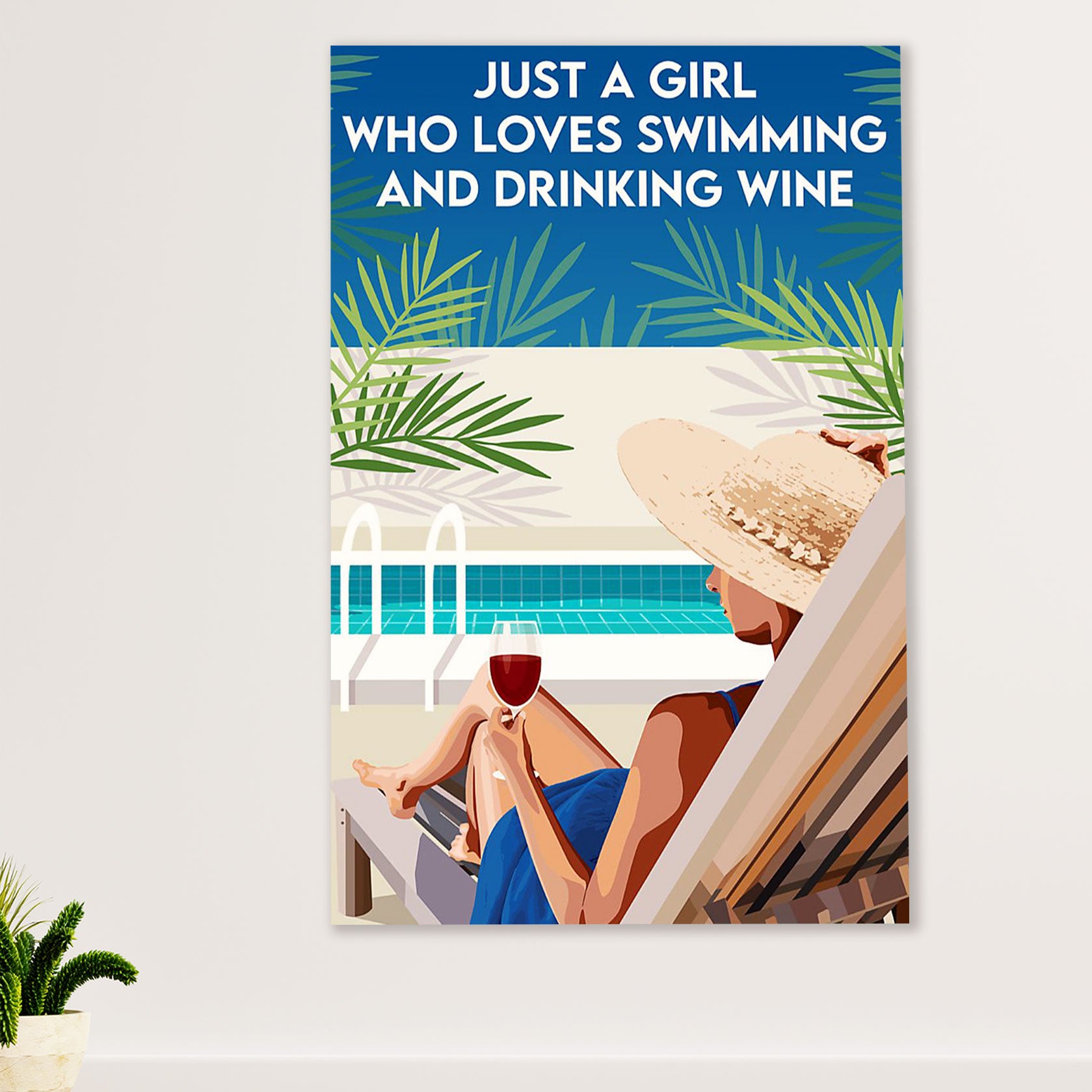Summer Beach Ocean Poster | Girl Loves Swimming & Wine | Wall Art Gift for Sand Sea Ocean Lover