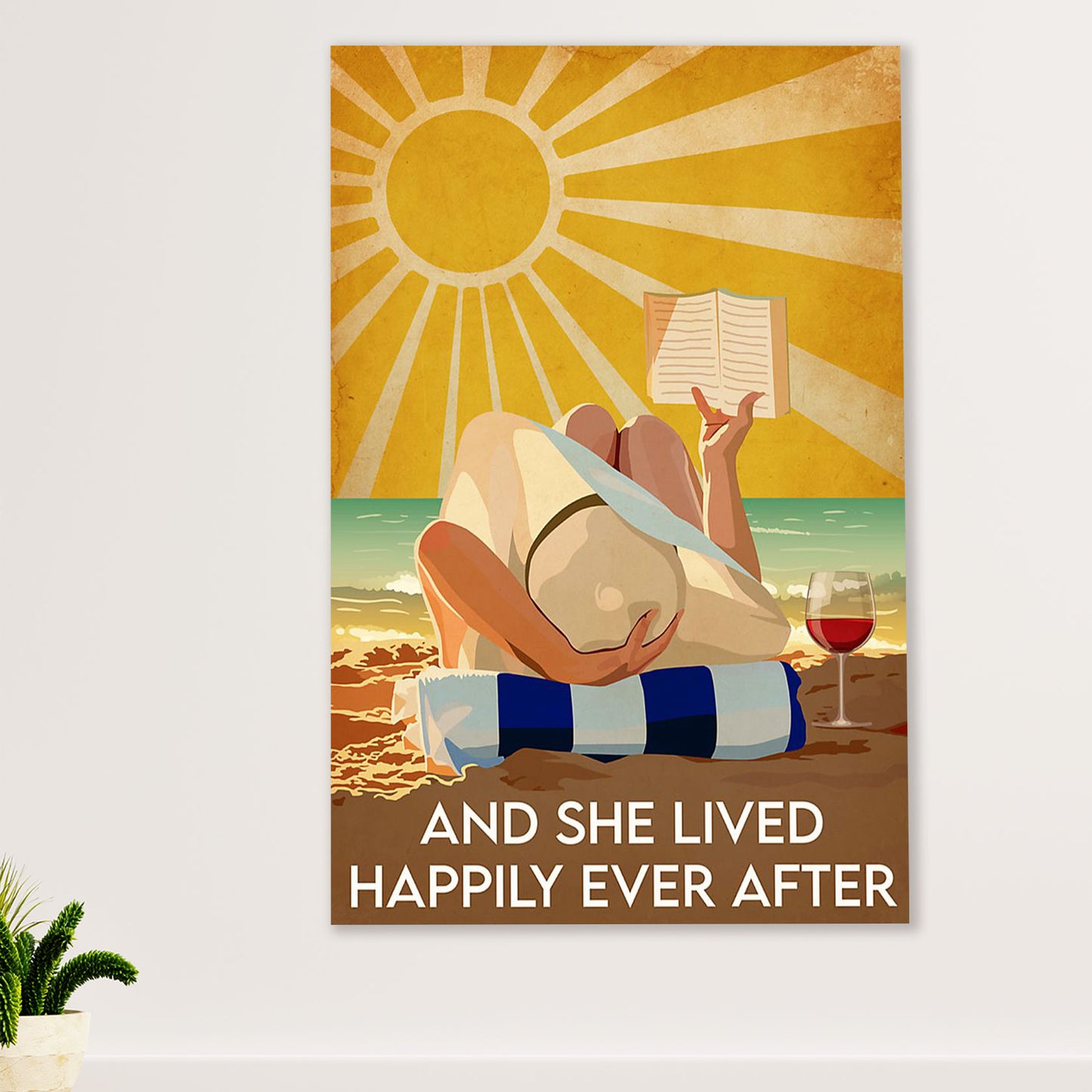 Summer Beach Ocean Poster | Girl Reading Book & Drinking Wine | Wall Art Gift for Sand Sea Ocean Lover