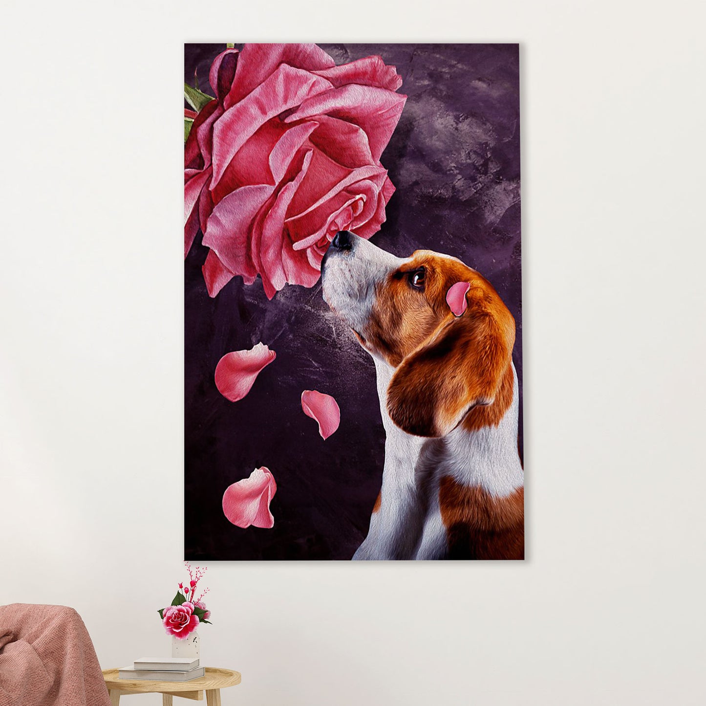 Beagle Dog Canvas Wall Art | Beagle & Rose | Gift for Pocket Beagle Puppies Lover