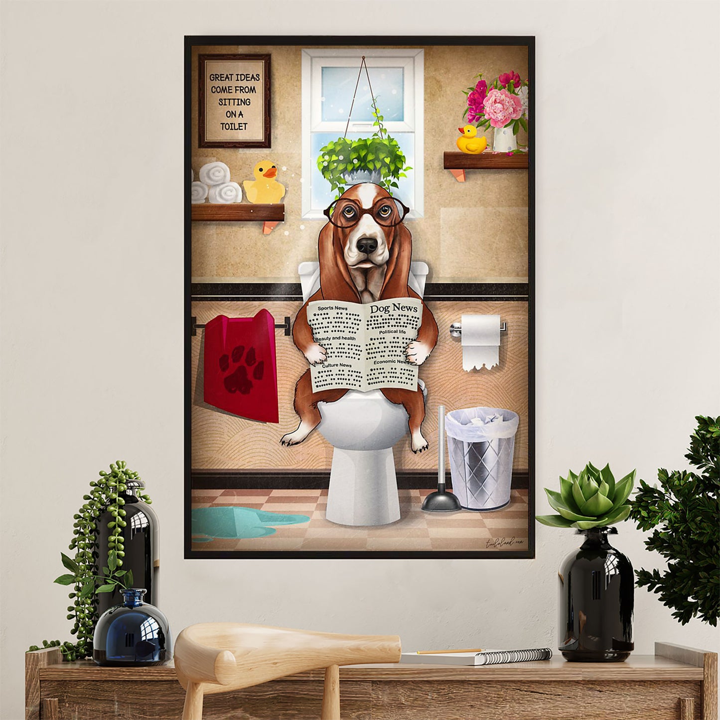 Basset Hound Dog Canvas Wall Art | Funny Dog in Toilet | Gift for Miniature Puppies Lover