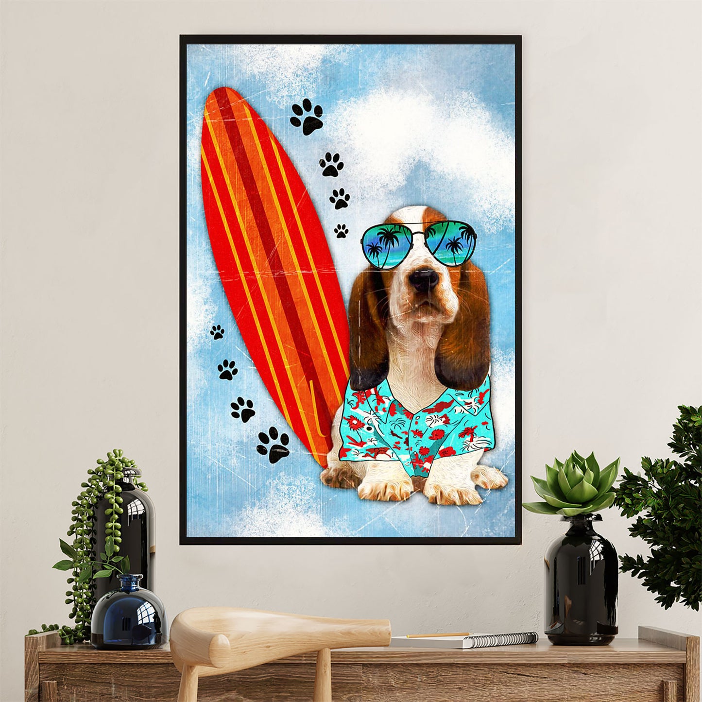 Basset Hound Dog Canvas Wall Art | Summer Time | Gift for Miniature Puppies Lover