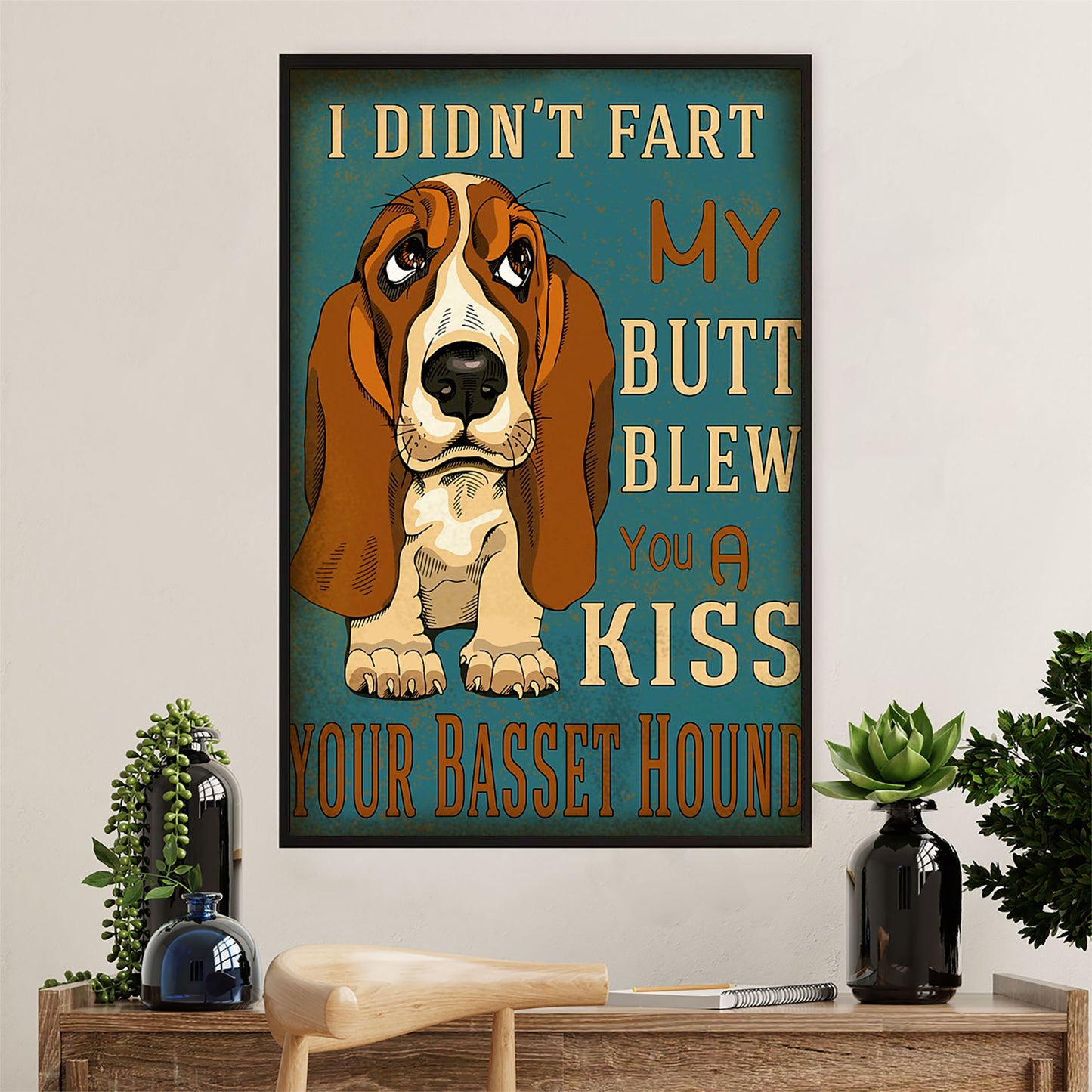 Basset Hound Dog Canvas Wall Art | Blew You A Kiss | Gift for Miniature Puppies Lover