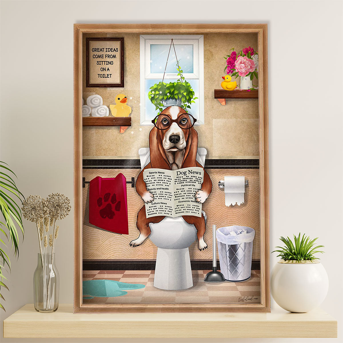 Basset Hound Dog Canvas Wall Art | Funny Dog in Toilet | Gift for Miniature Puppies Lover