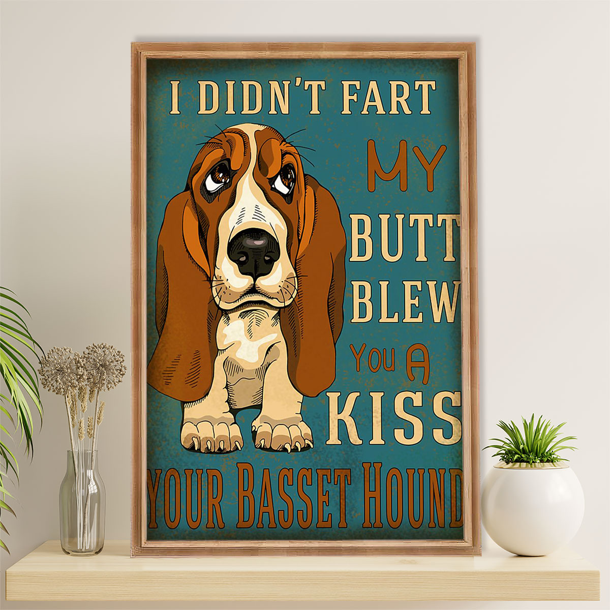 Basset Hound Dog Canvas Wall Art | Blew You A Kiss | Gift for Miniature Puppies Lover