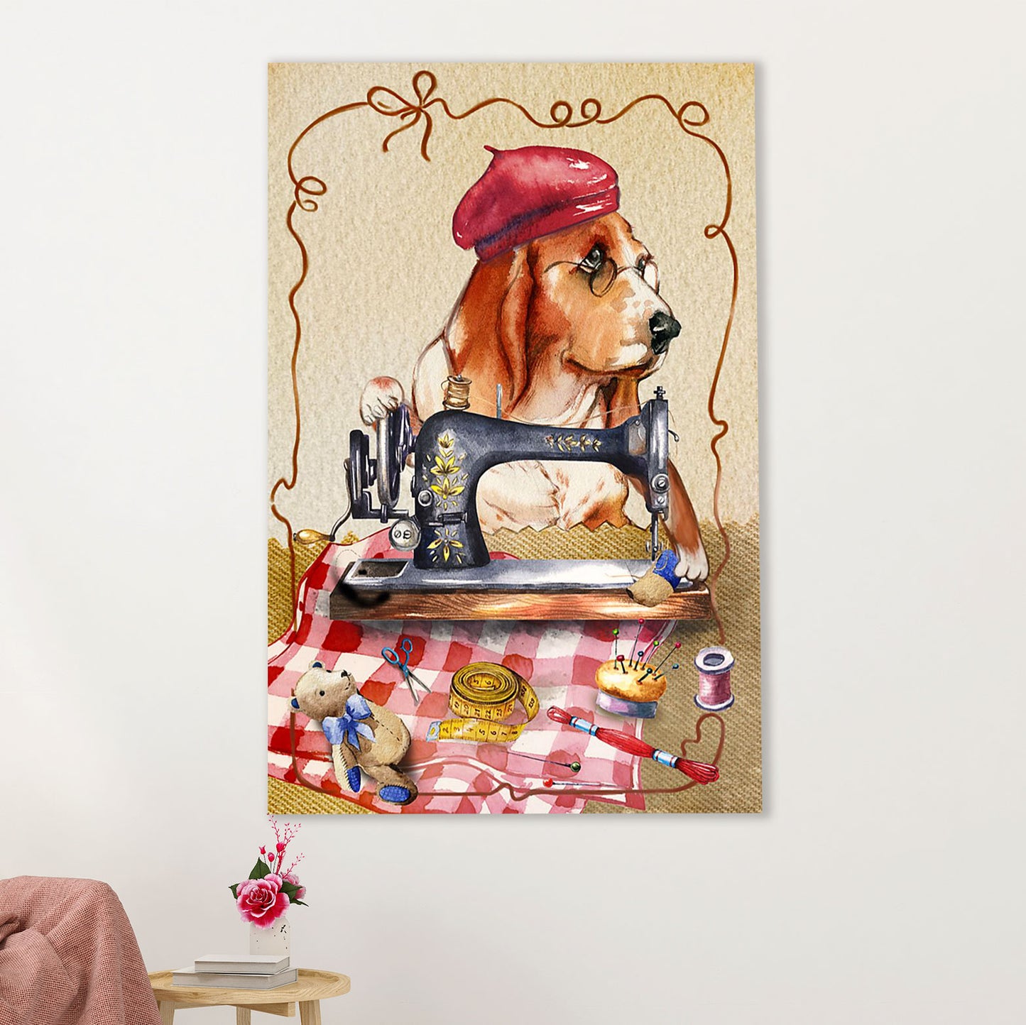 Basset Hound Dog Poster | Sewing Dog | Wall Art Gift for Miniature Basset Hound Puppies Lover