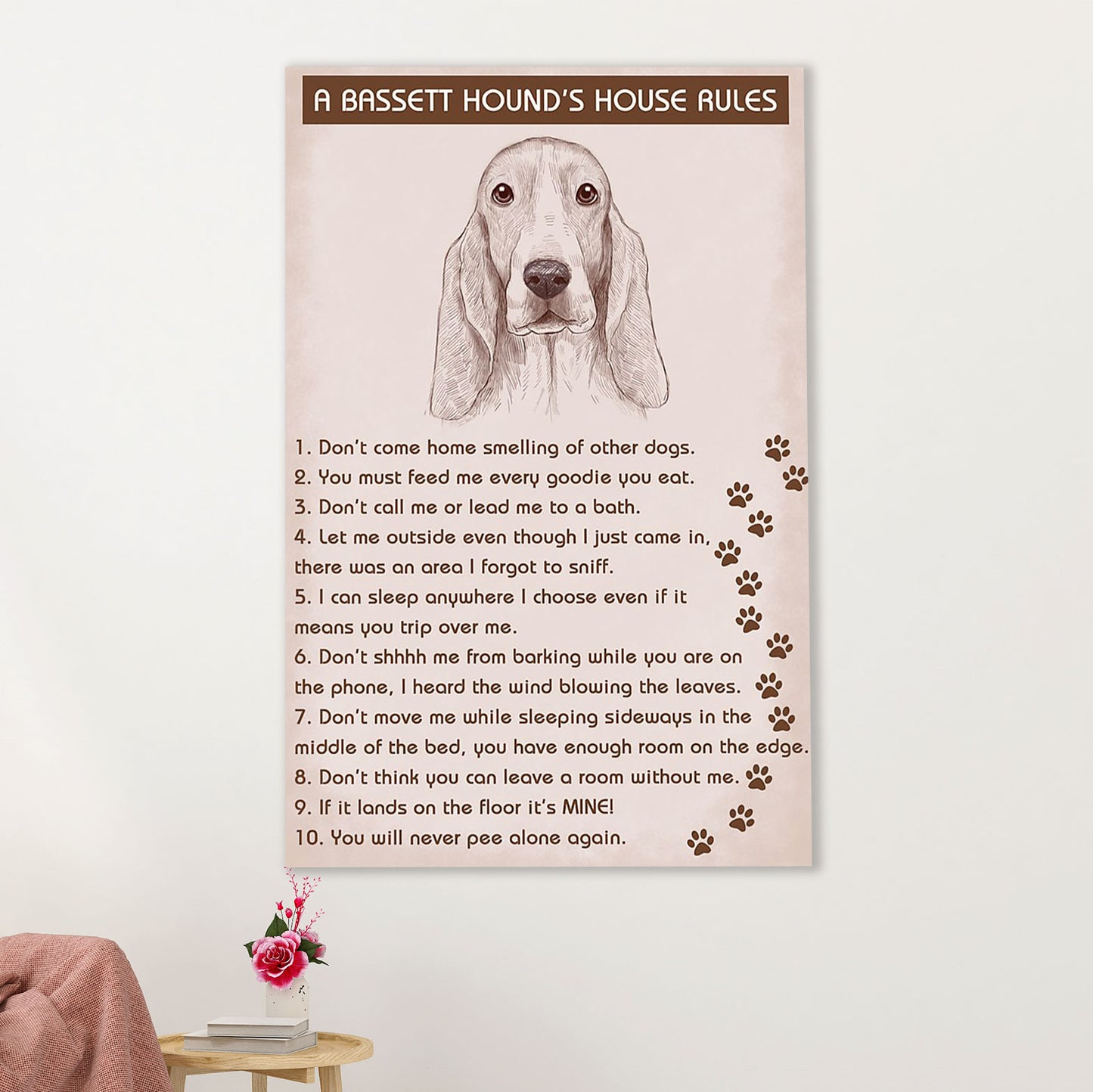 Basset Hound Dog Poster | Dog's House Rules | Wall Art Gift for Miniature Basset Hound Puppies Lover