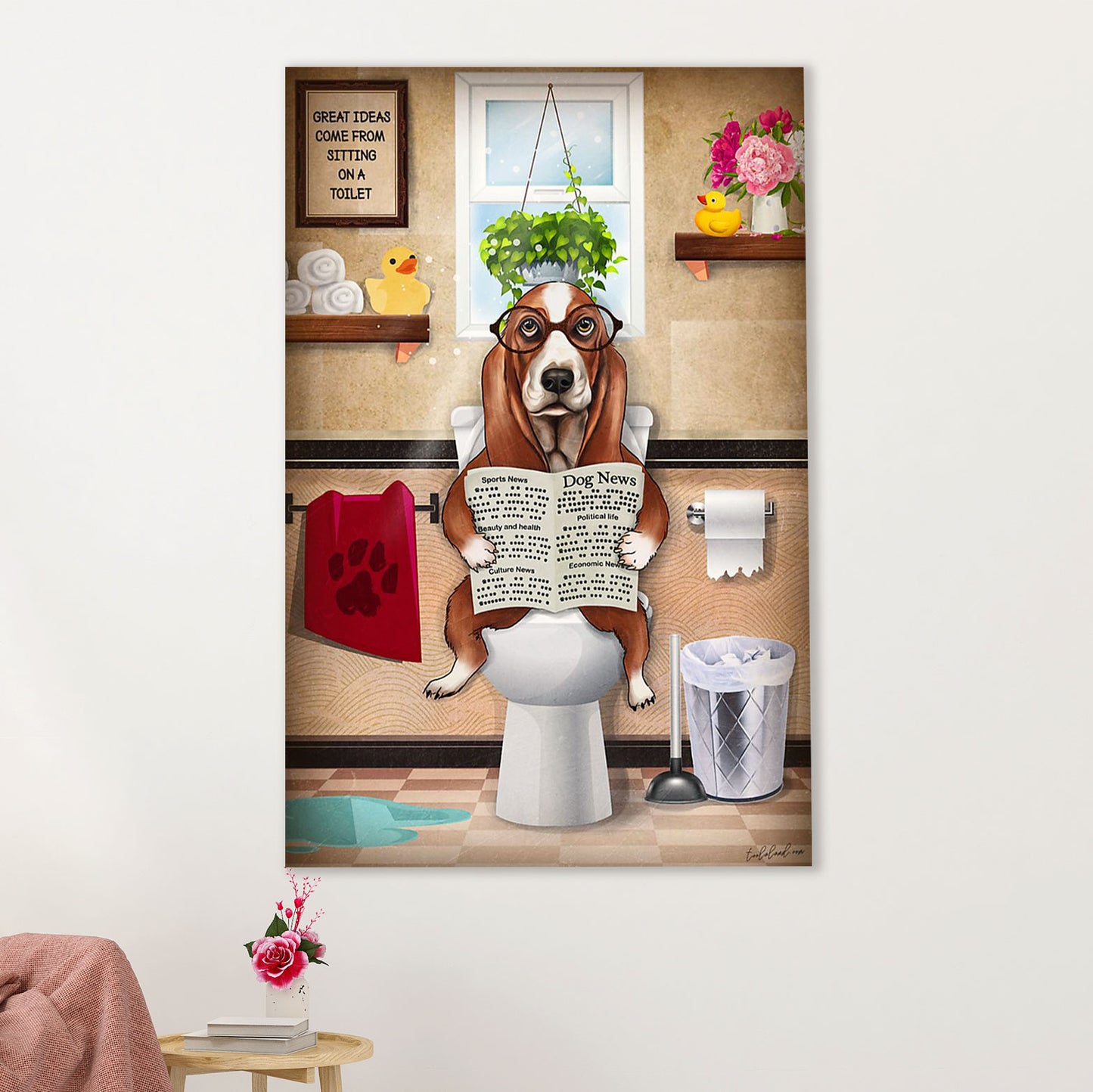 Basset Hound Dog Poster | Funny Dog in Toilet | Wall Art Gift for Miniature Basset Hound Puppies Lover